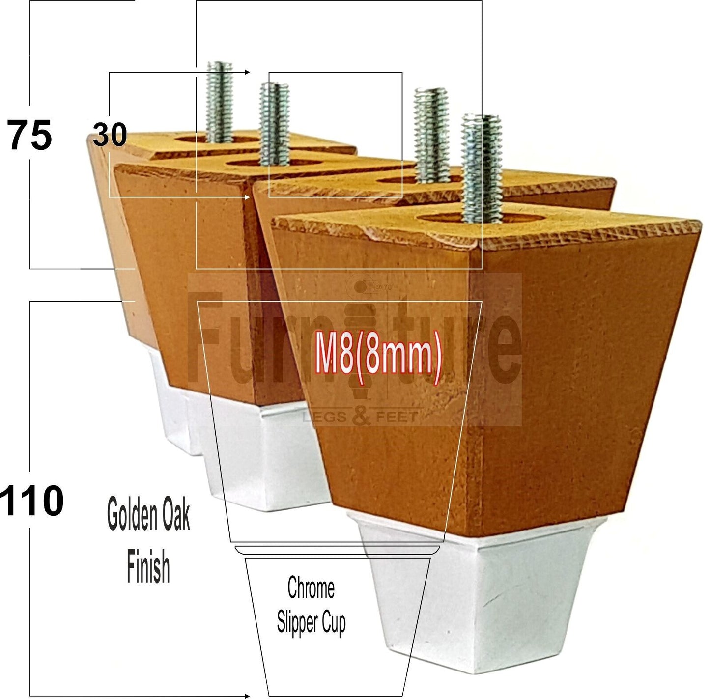 4x Block Wood With A Chrome Slipper Cup Furniture Chair Settee Legs M8 Sofa Feet 110mm