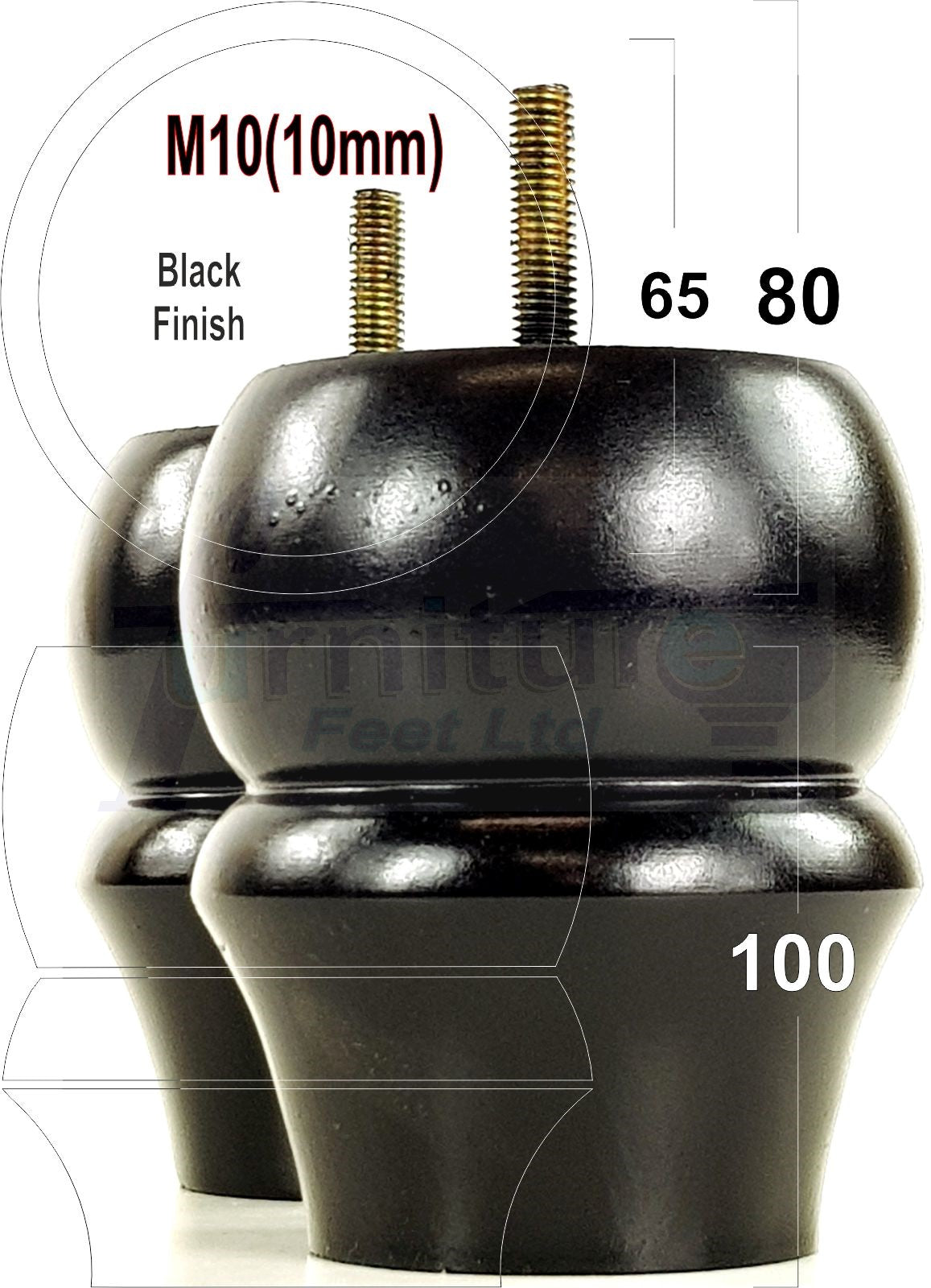 Set Of 4 Solid Wood Turned Furniture Legs Replacement Bun Feet 100mm High 10mm Thread