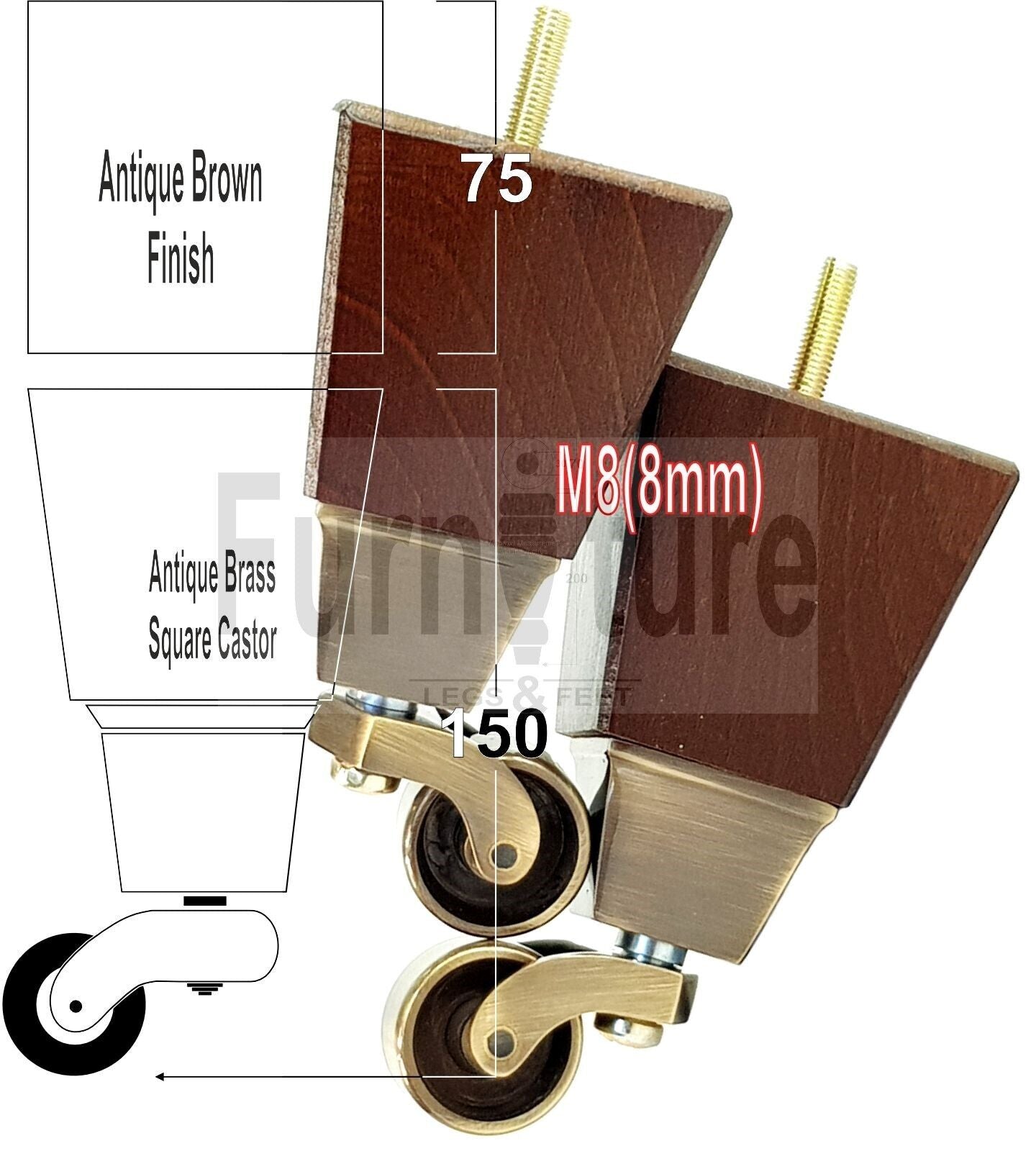 4x Block Wood With Antique Castor Furniture Legs 8mm Thread For Chairs Settees Sofa 150mm