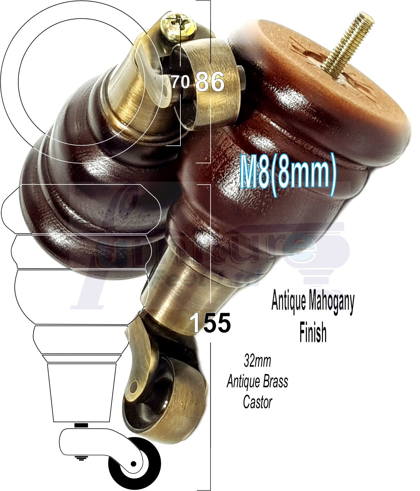 4 Turned Wood Furniture Feet With Antique Brass Castors 155mm Legs Sofas Chairs Stools Cabinets Beds M8 6 Inches