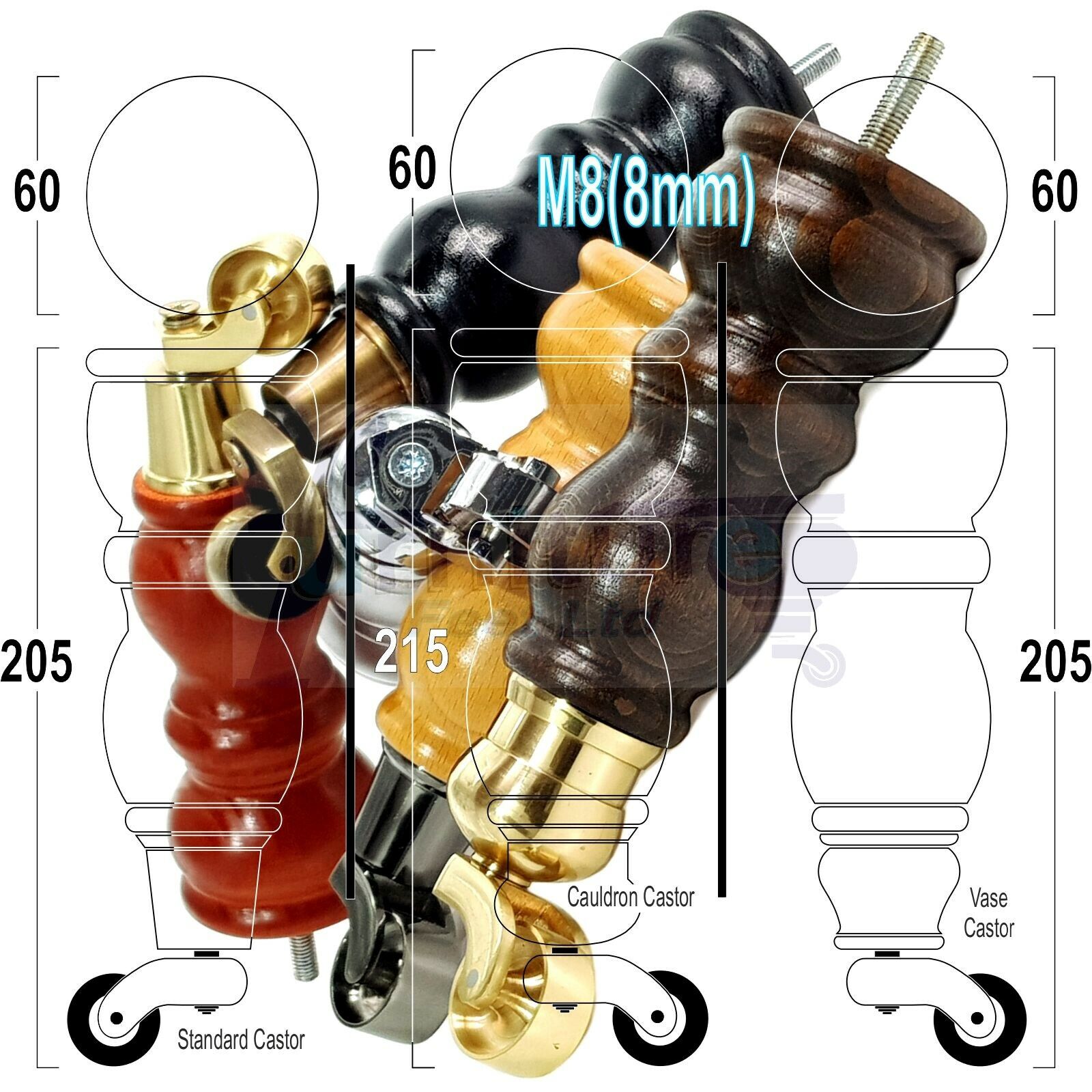 4x Furniture Feet With Castor 205mm High Legs Silver Wood M8 Sofas Chairs Stools Cabinets 8 Inches Tall