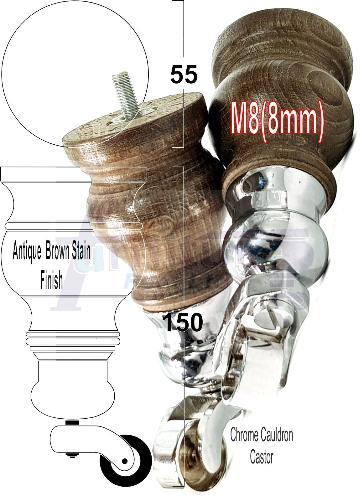 Set Of 4 Turned Wood Furniture Legs With 150mm High Castor 8mm Thread For Chairs Settees & Cabinets Antique Brown Stain