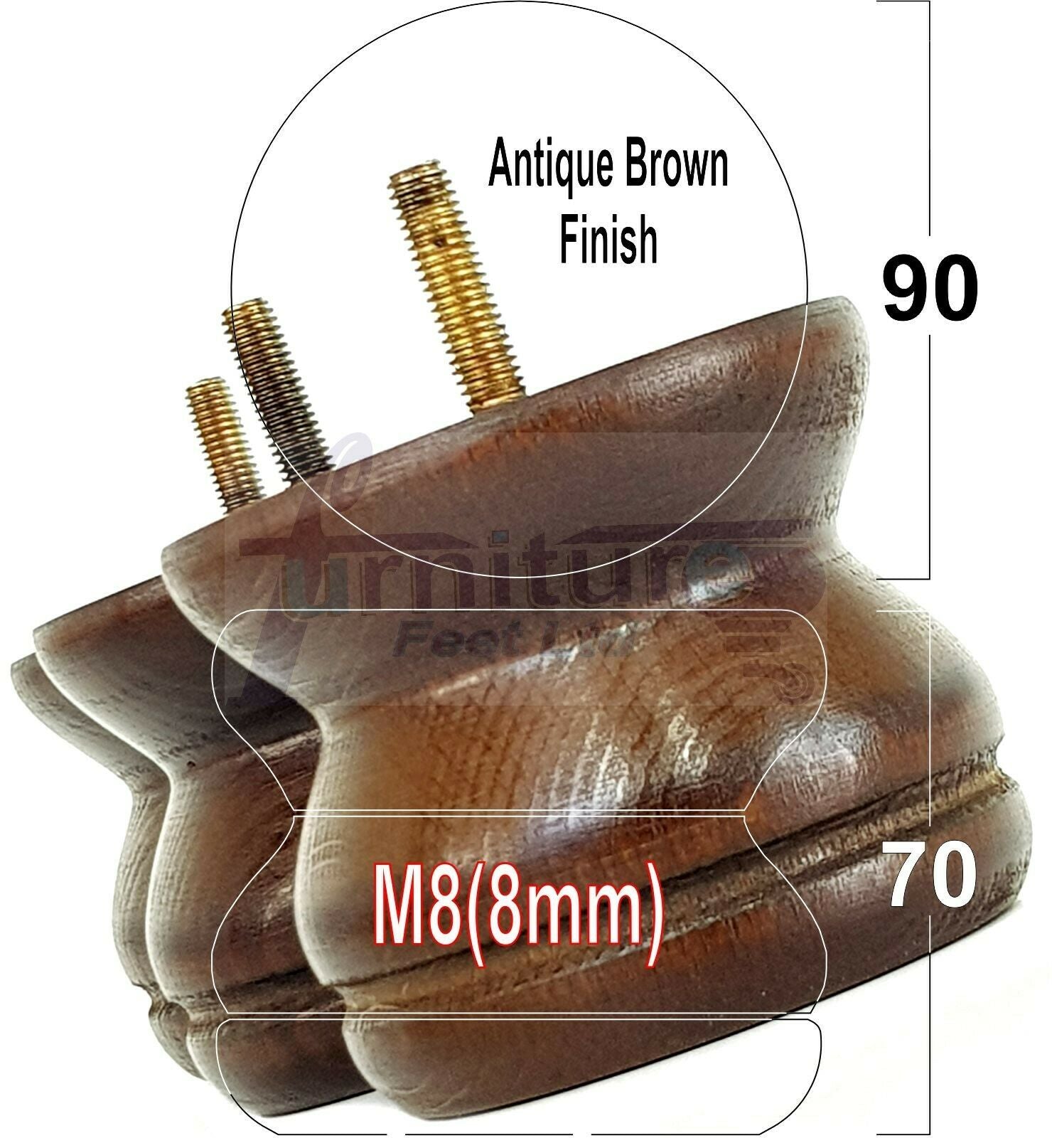 4x Turned Solid Wood Furniture Legs Replacement Bun Feet 70mm High 8mm Thread