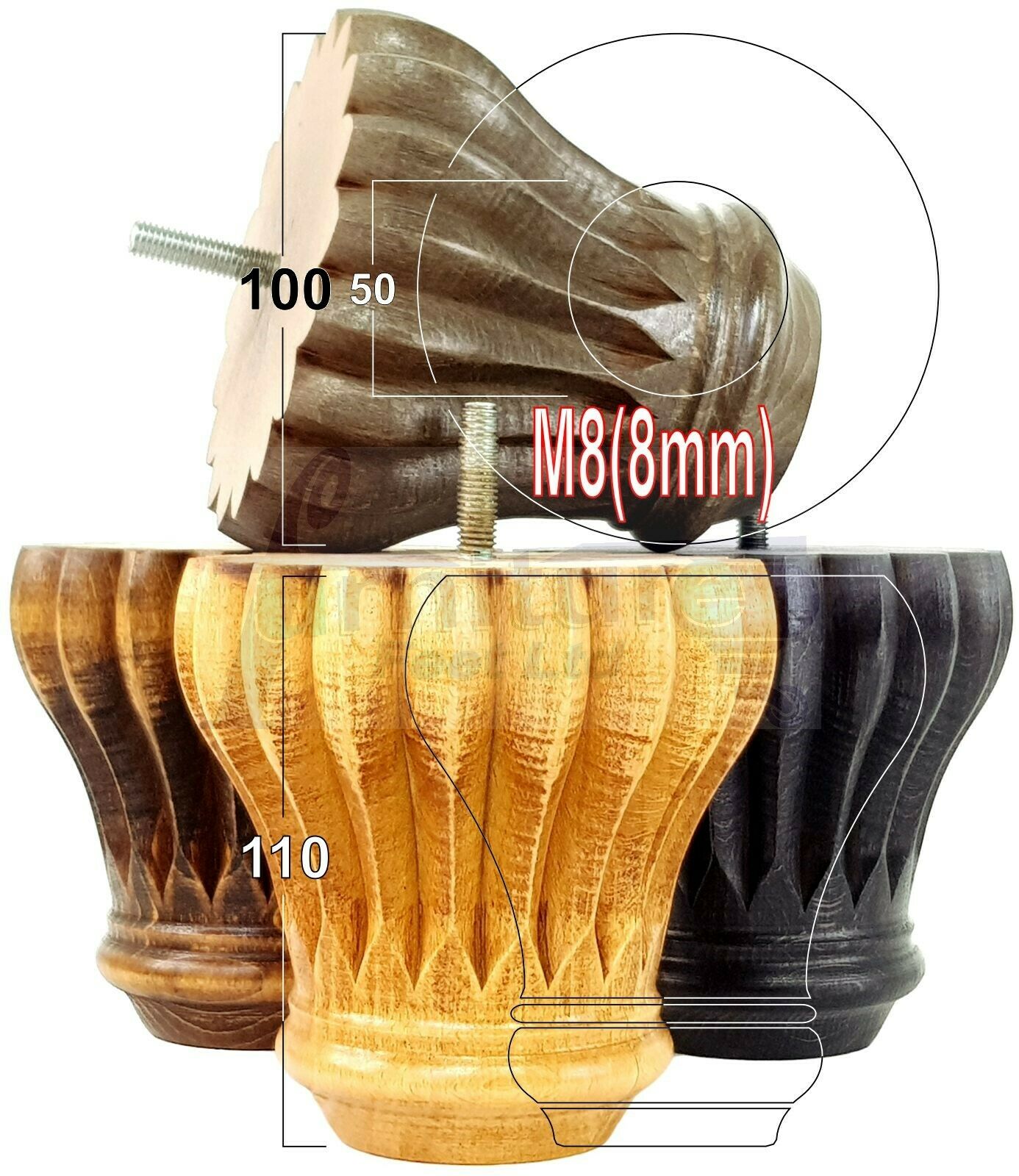 4 Grooved Replacement Furniture Bun Feet Multiple Colours Turned Wooden Legs 110mm High Settee Chairs Sofas Footstools Cabinets M8