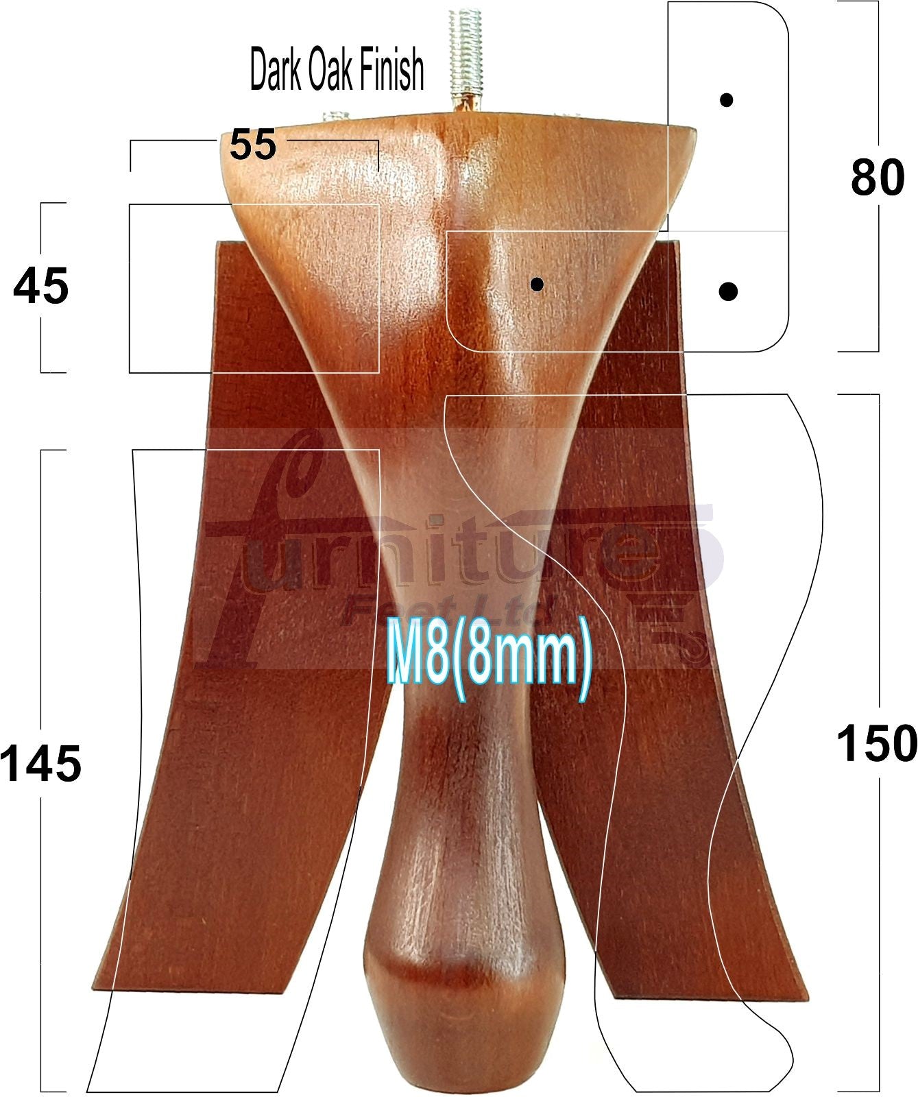 2x Vintage Queen Anne Replacement Furniture Legs & 2x Curved Back Feet 150mm 6 Inch High 8mm Thread