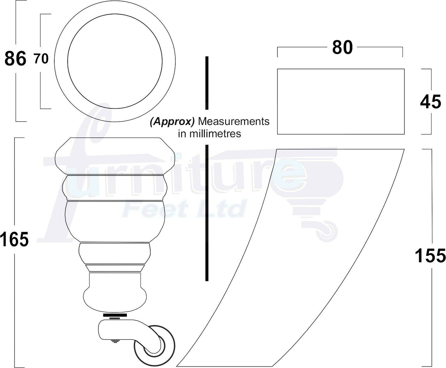 Turned Raw Wood Furniture Feet 2 With Castors 155mm and 2 Curved Back Legs Sofas Chairs Stools Cabinets Beds M8 6 Inches