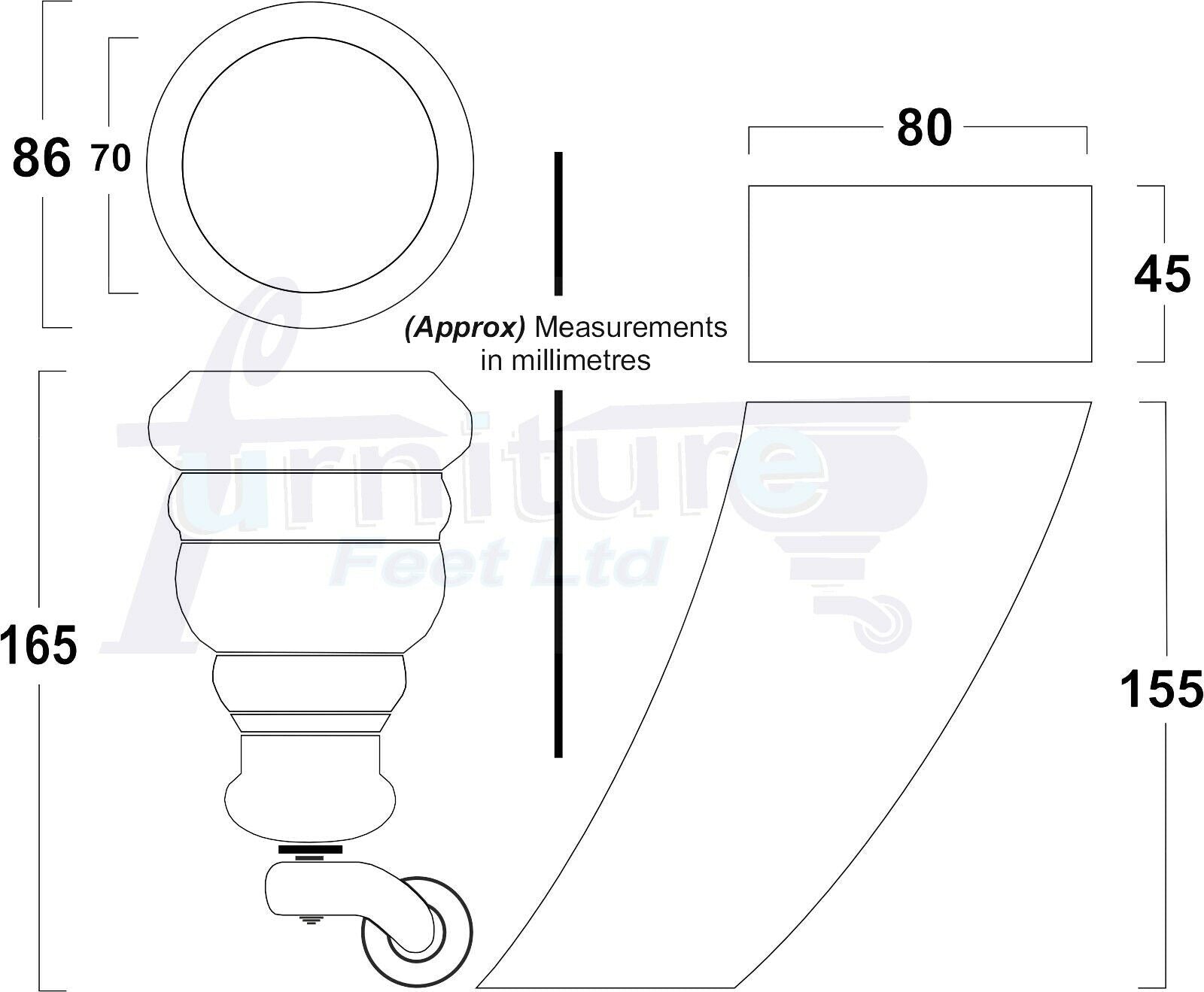 Turned Raw Wood Furniture Feet 2 With Castors 155mm and 2 Curved Back Legs Sofas Chairs Stools Cabinets Beds M8 6 Inches