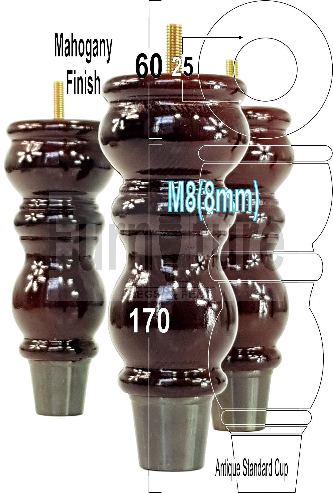 4x Furniture Feet With Slipper Cup 175mm High Legs Mahogany Finish Wood M8 Sofas Chairs Cabinets
