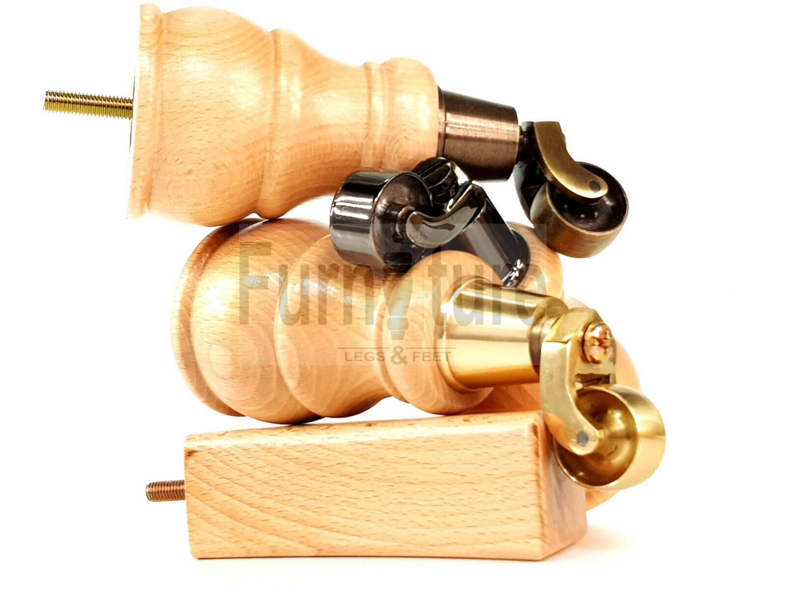 2 Wooden Castor Furniture Sofa Legs & 2 Curved Back Feet  Natural M8 Chair Settee Feet 160mm High