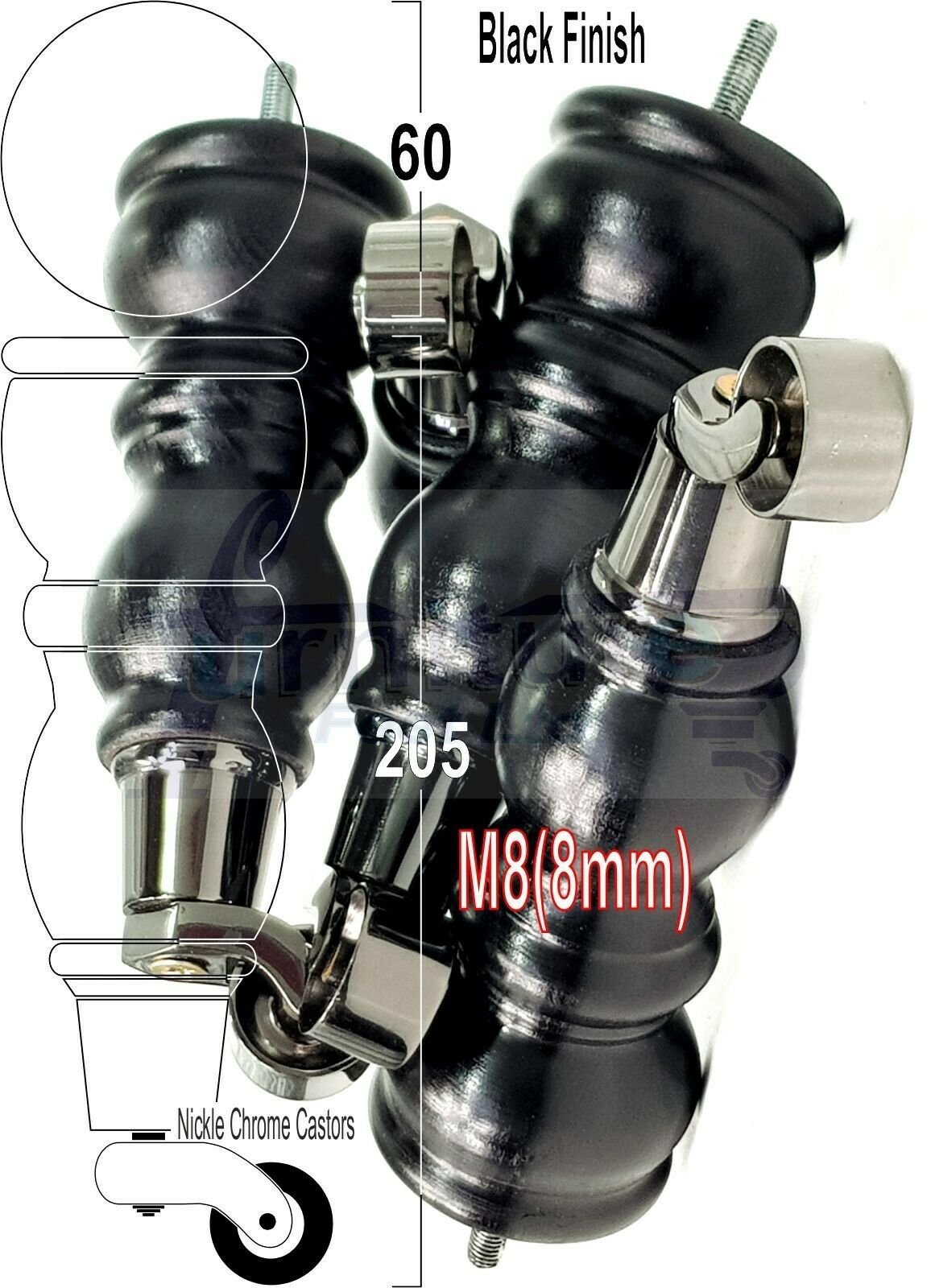 4x Furniture Feet With Castor 205mm High Legs Black Wood M8 Sofas Chairs Stools Cabinets 8 Inches Tall