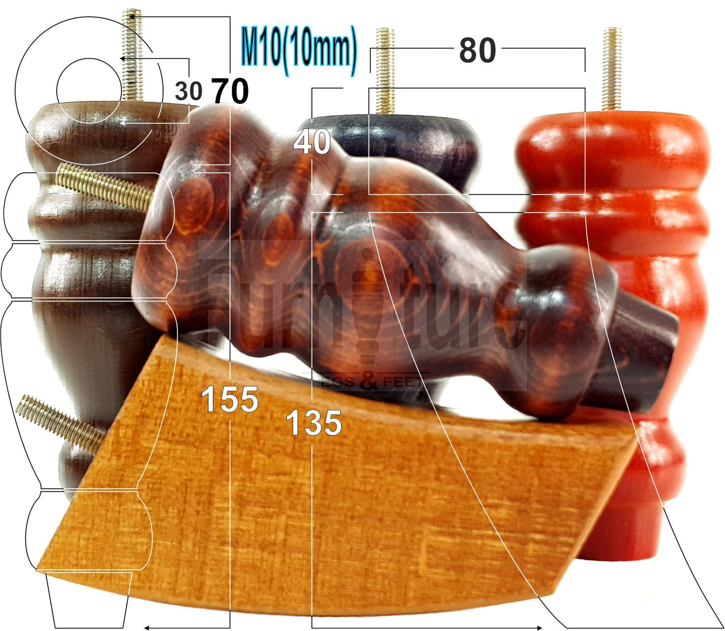 2x Turned Wood Furniture Feet 155mm and 2 Curved Back Legs Sofas Chairs Stools Cabinets Beds M10 Thread 6 Inches