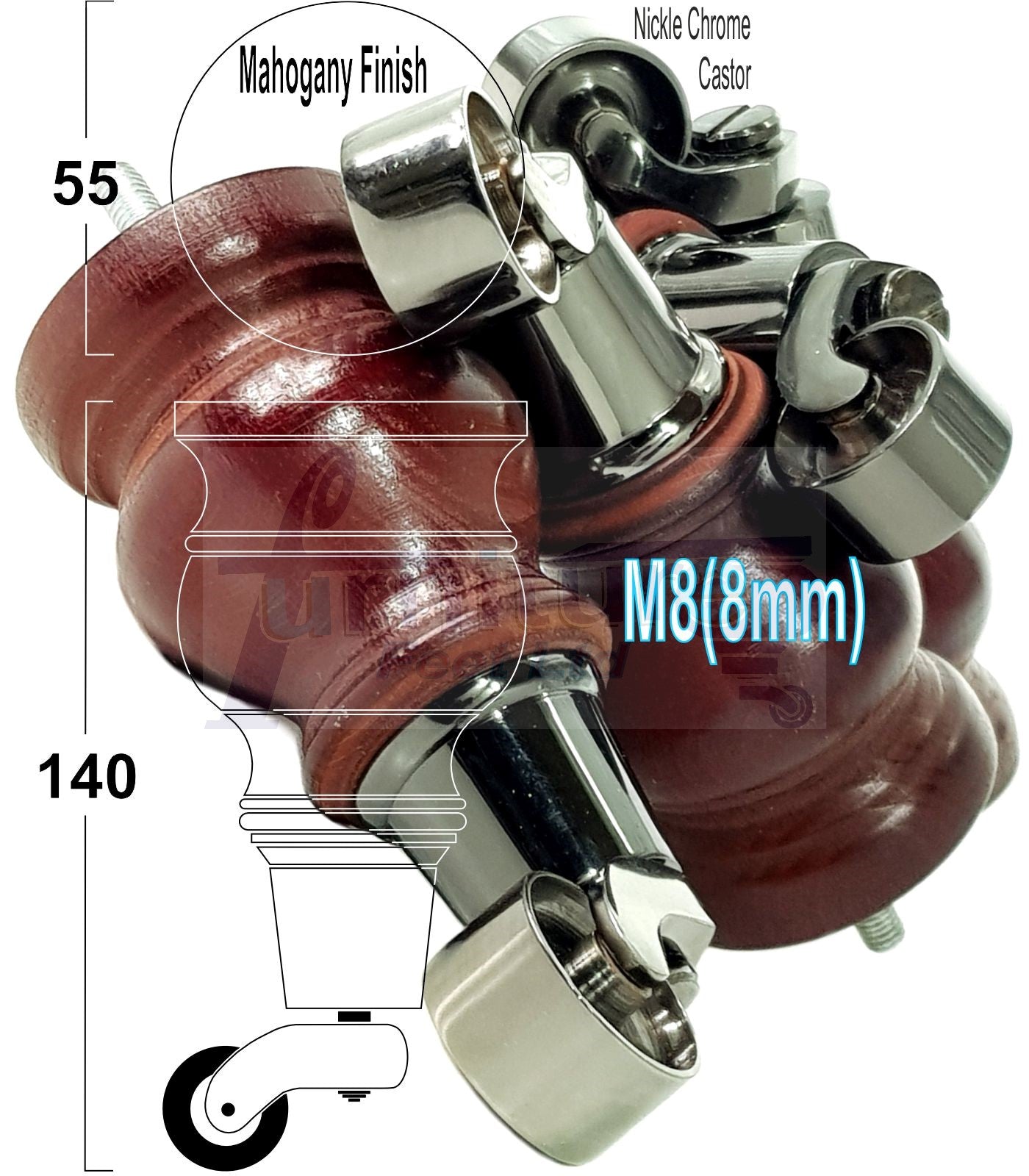 Set Of 4 Turned Wood Furniture Legs With140mm High Castor 8mm Thread For Chairs Settees & Cabinets