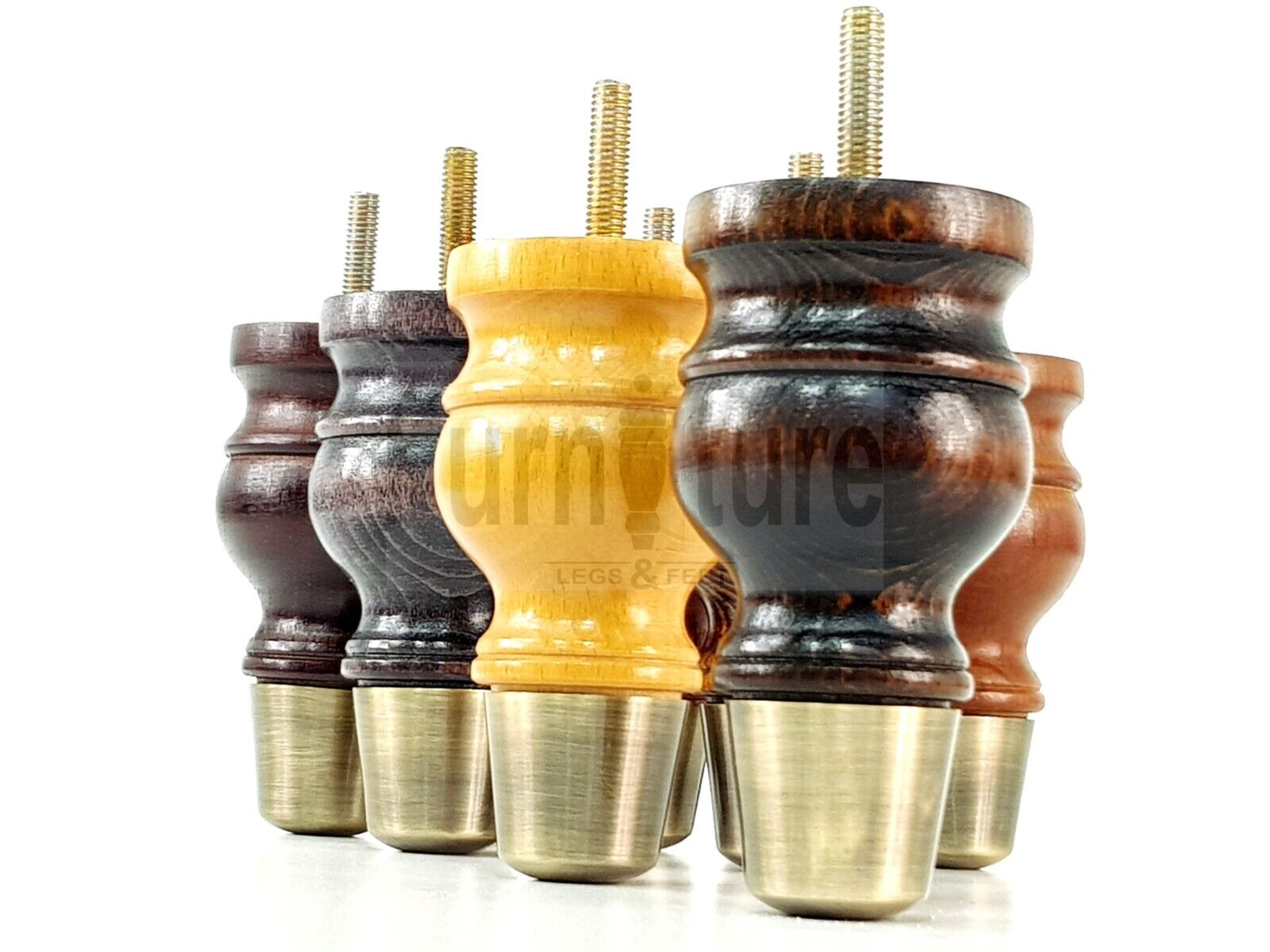 4x Turned Wood Furniture Feet Antique Brass Slipper Cup M8 Chair Sofa Settee Legs 110mm