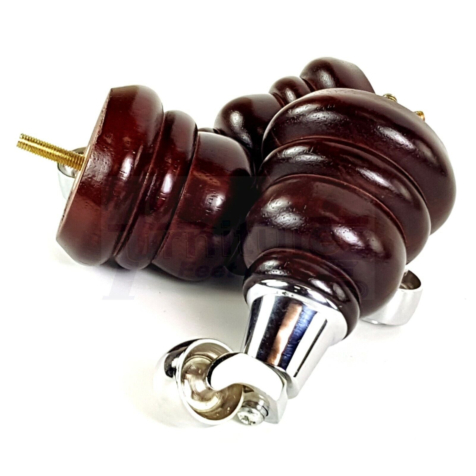 4 Mahogany Turned Wood Furniture Feet With Castors 155mm Legs Sofas Chairs Stools Cabinets Beds M10 6 Inches