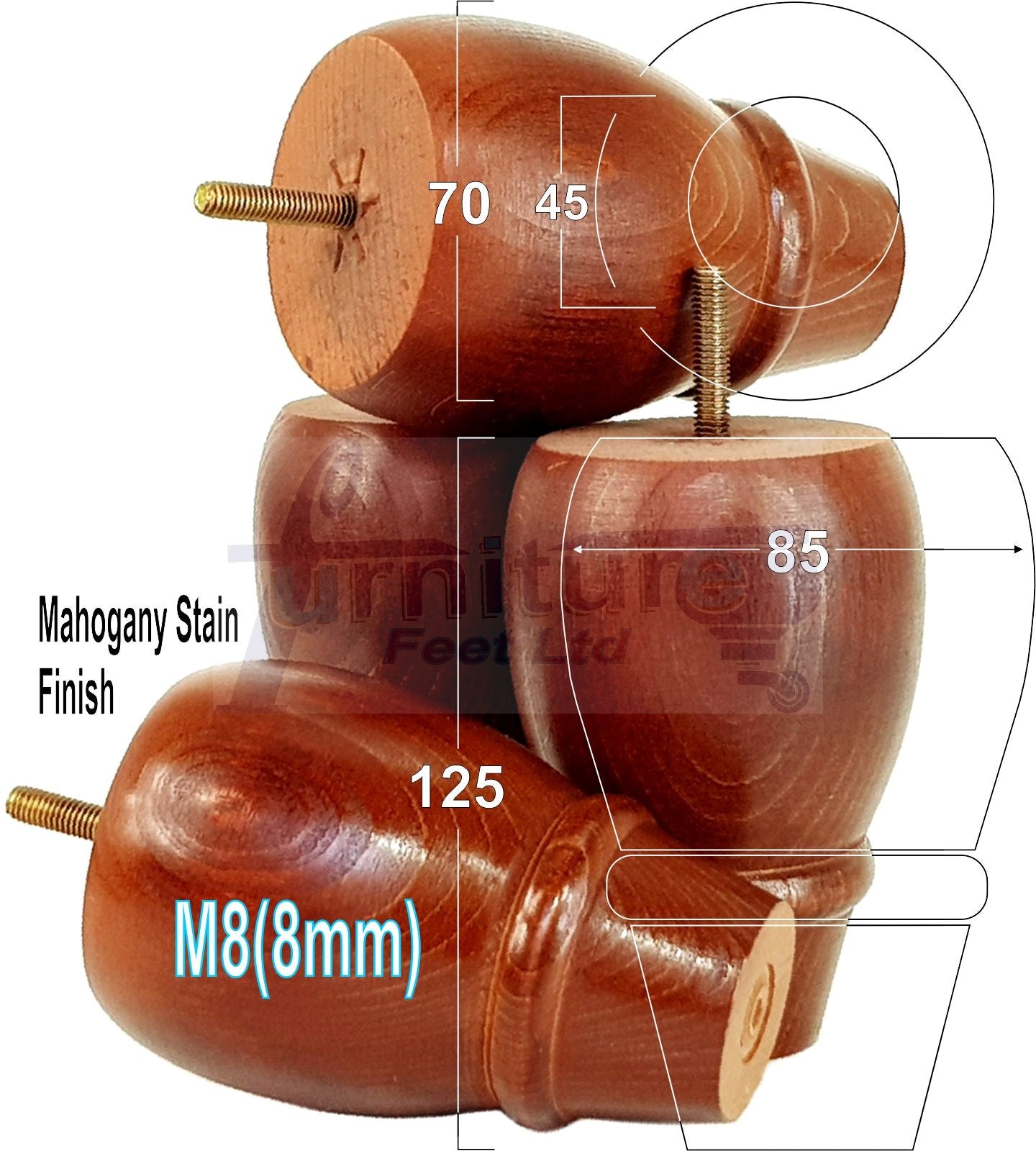 Set Of 4 Solid Wood Turned Replacement Furniture Legs 125mm High 8mm Thread