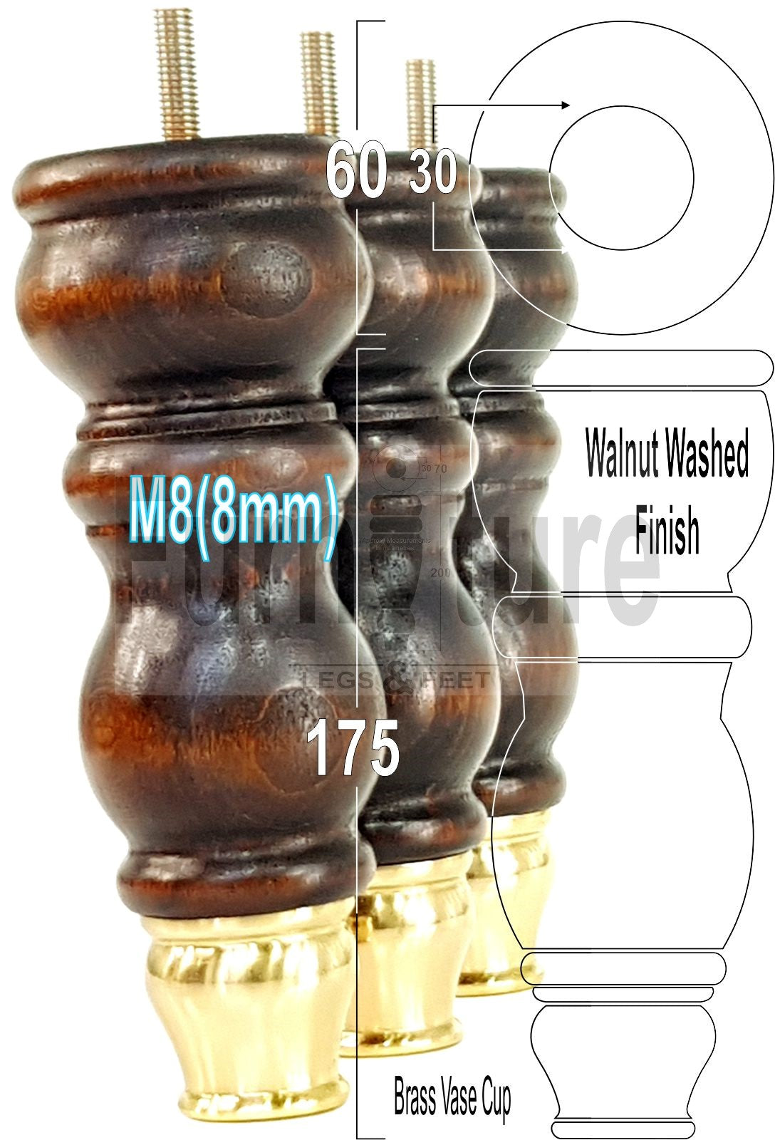 4x Furniture Feet With Slipper Cup 175mm High Legs Dark Walnut Finish Wood M8 Sofas Chairs Cabinets