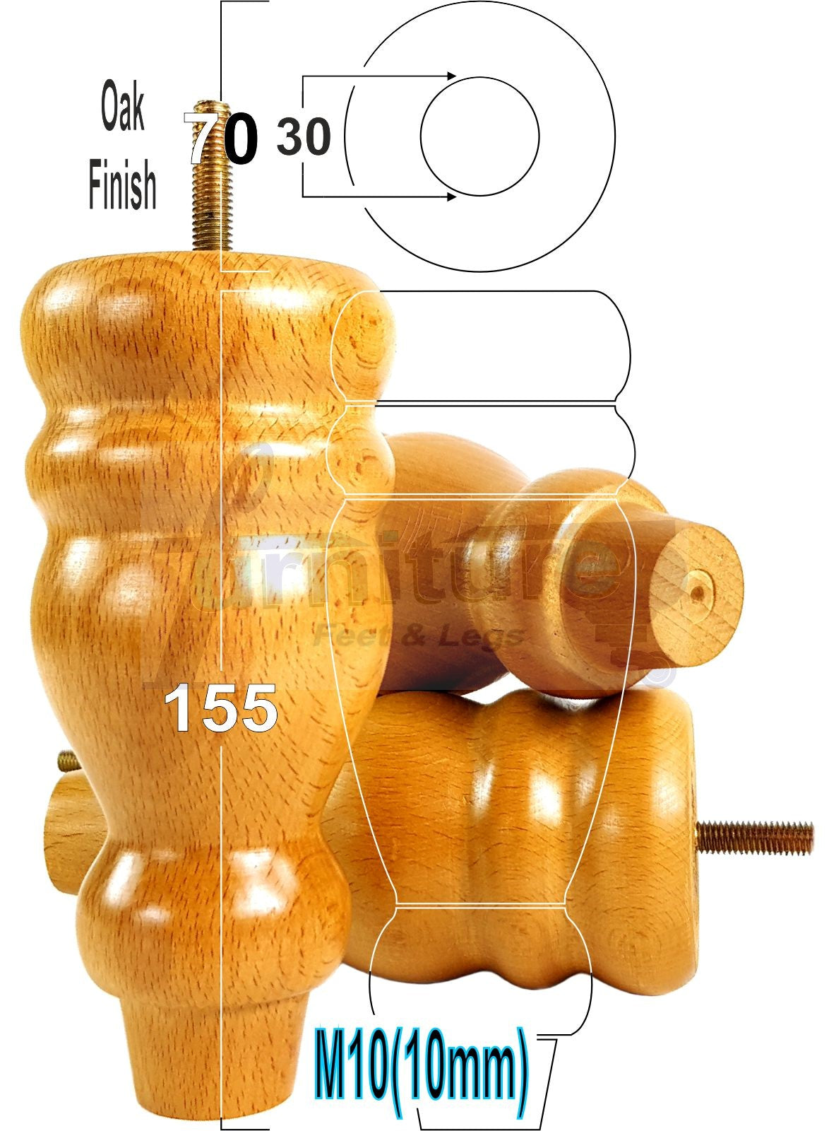 Set Of 4 Turned Wood Furniture Legs Replacement Sofa, Chair Feet 155mm High M10 Tread