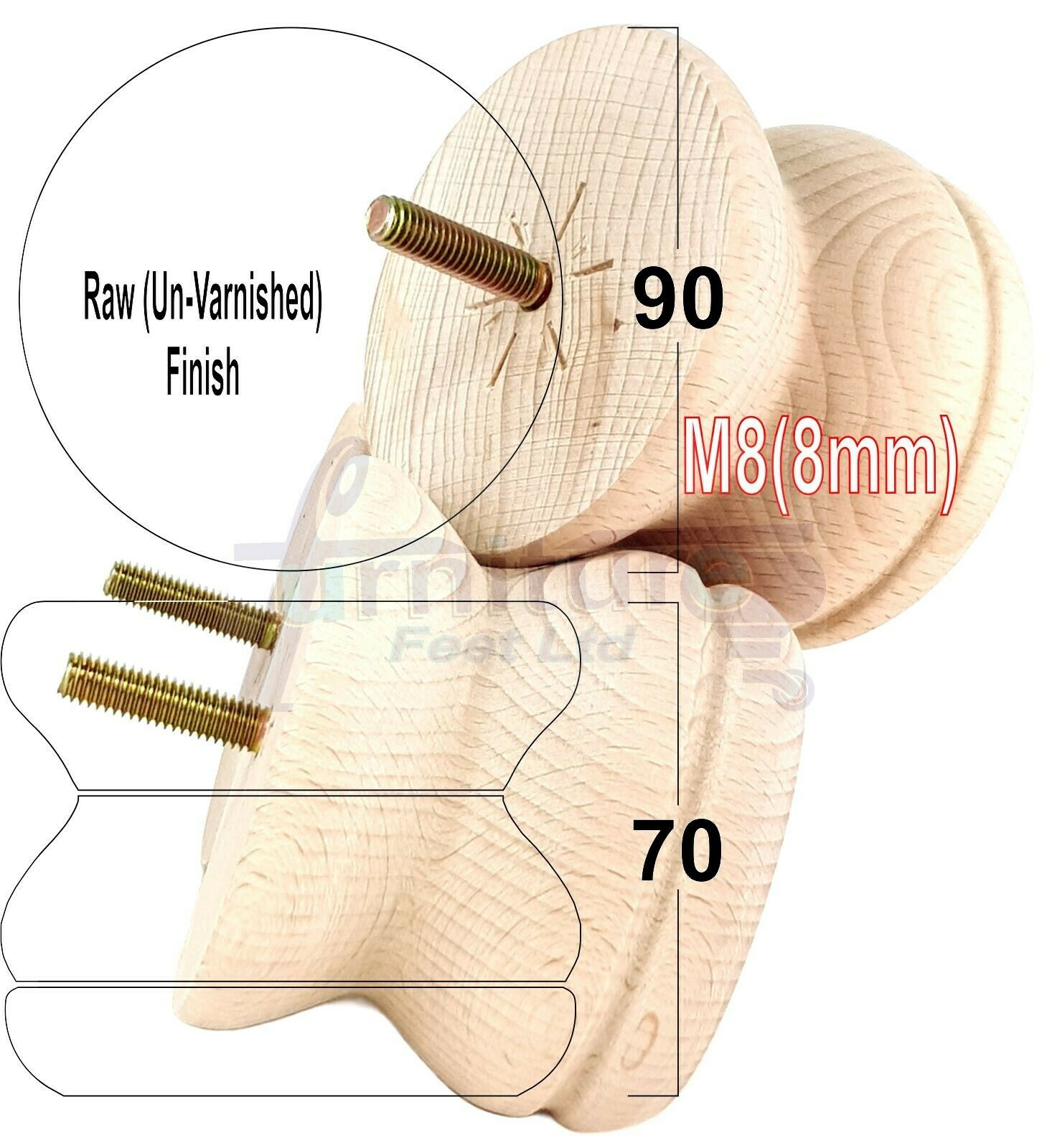 4x Turned Solid Wood Furniture Legs Replacement Bun Feet 70mm High 8mm Thread