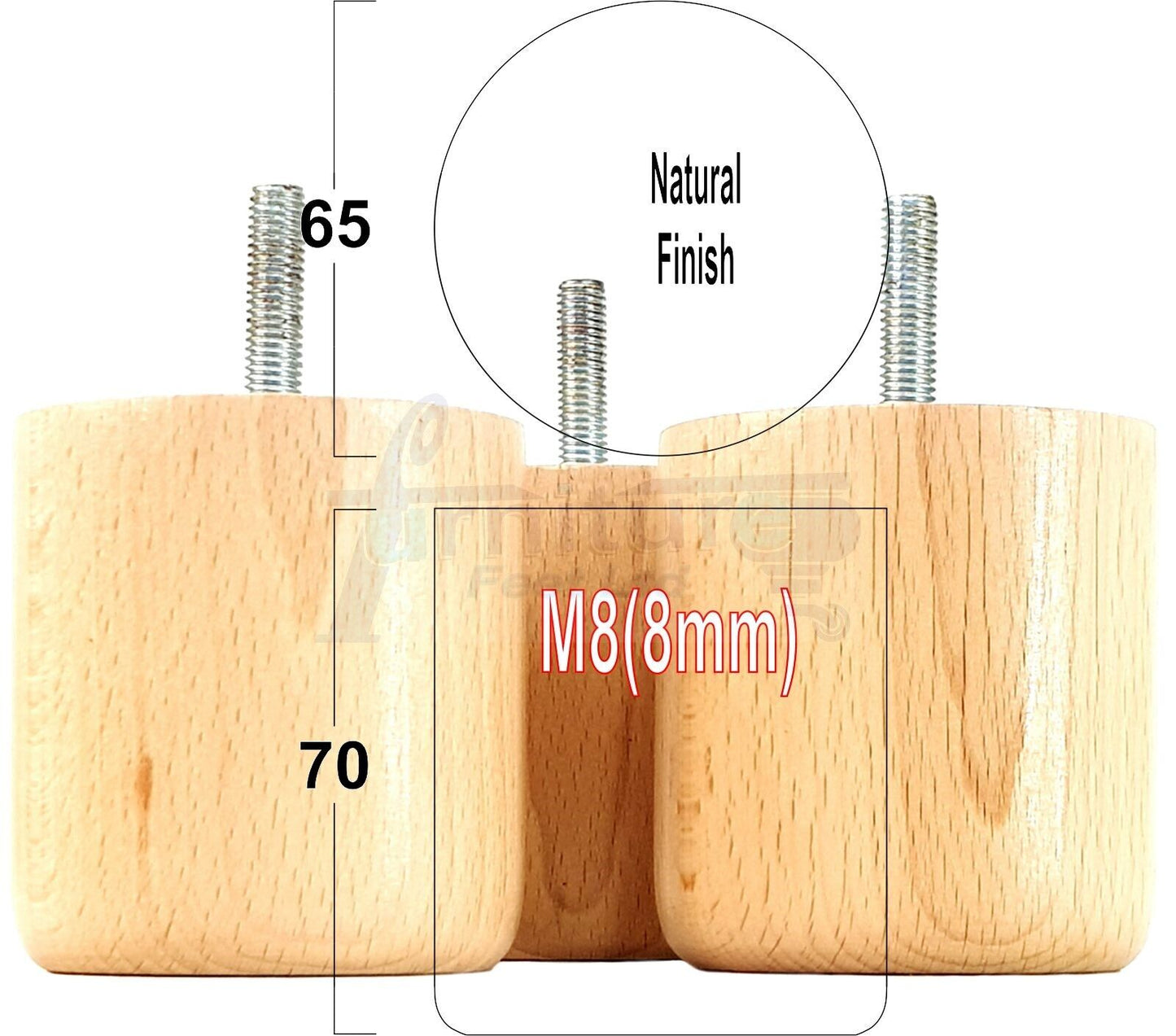 4x Solid Wood Turned Furniture Legs Replacement Bun Feet 70mm High 8mm Thread