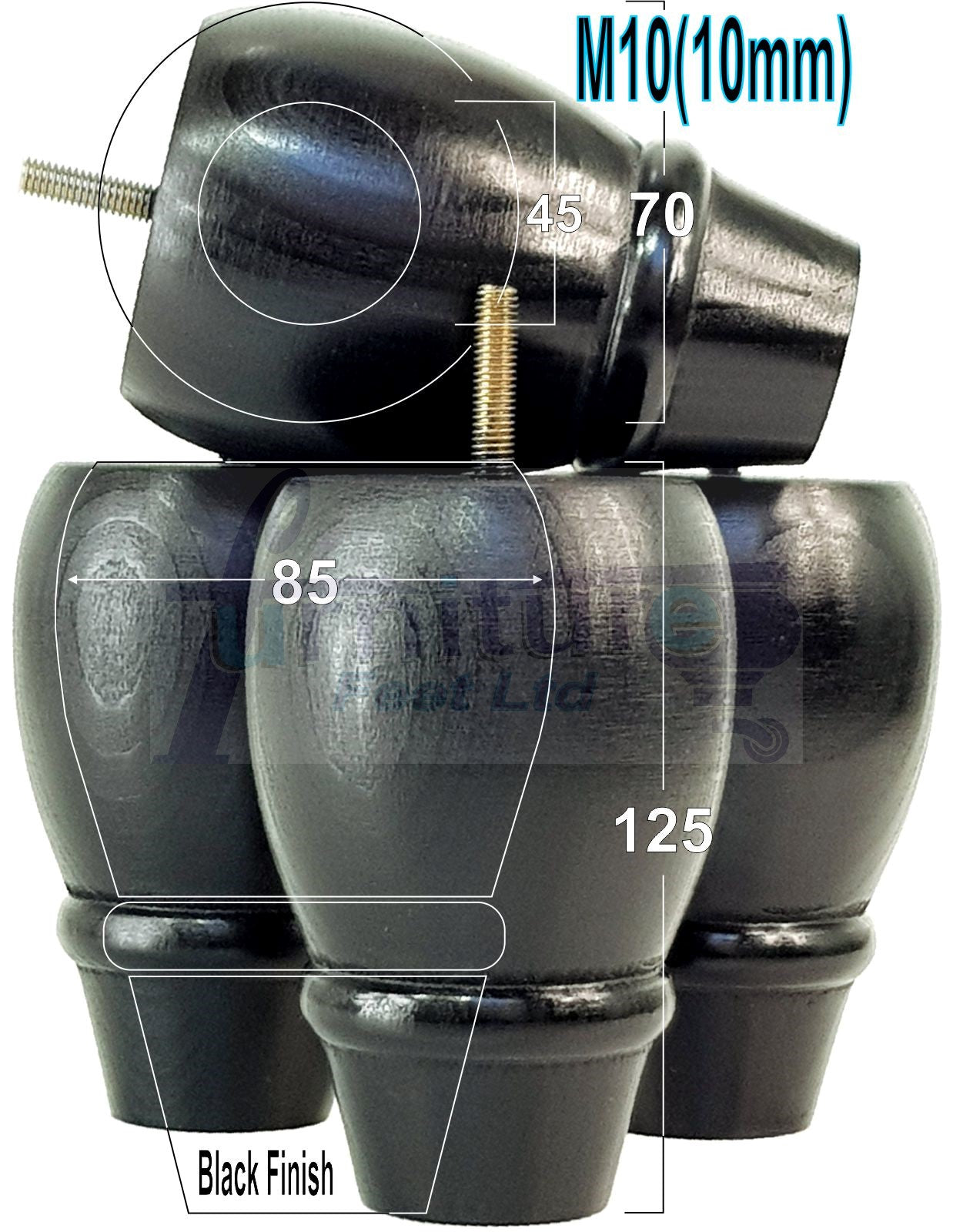 4x Wooden Turned Replacement Furniture Legs 125mm High Settee and Cabinet Feet 10mm Thread