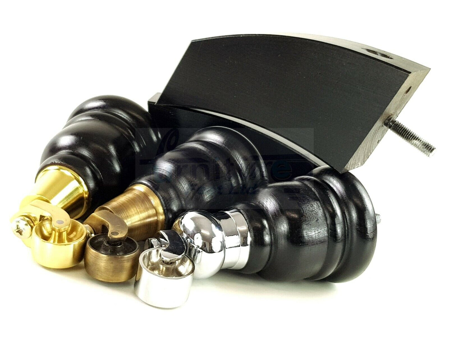 Black Turned Wood Furniture Feet 2 With Castors 155mm and 2 Curved Back Legs Sofas Chairs Stools Cabinets Beds M8 6 Inches