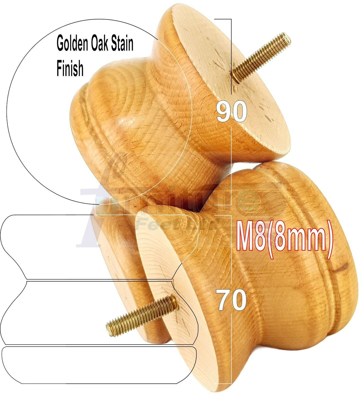 4x Turned Solid Wood Furniture Legs Replacement Bun Feet 70mm High 8mm Thread