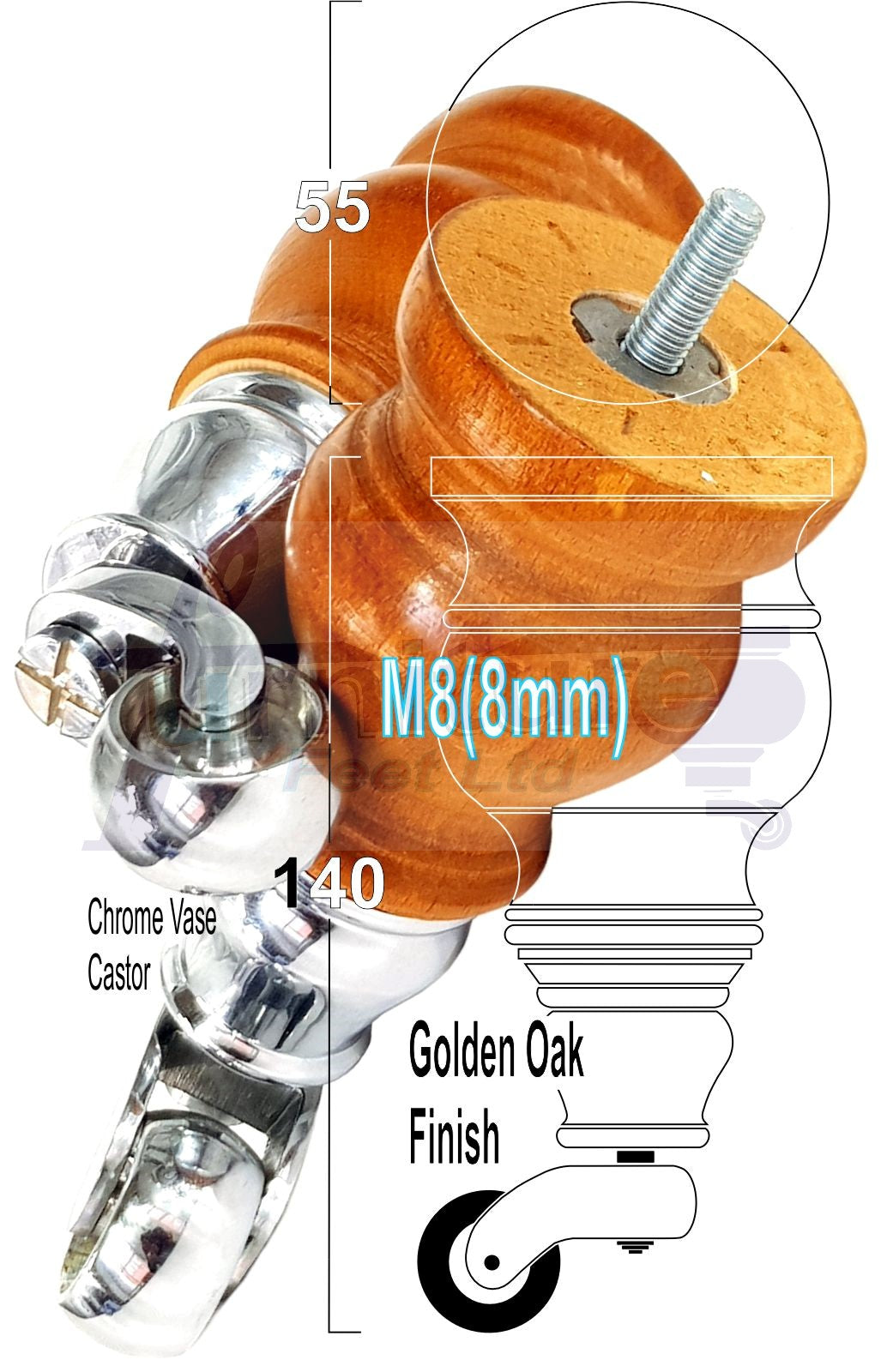Set Of 4 Turned Wood Furniture Legs With 150mm High Castor 8mm Thread For Chairs Settees & Cabinets Golden Oak Finish