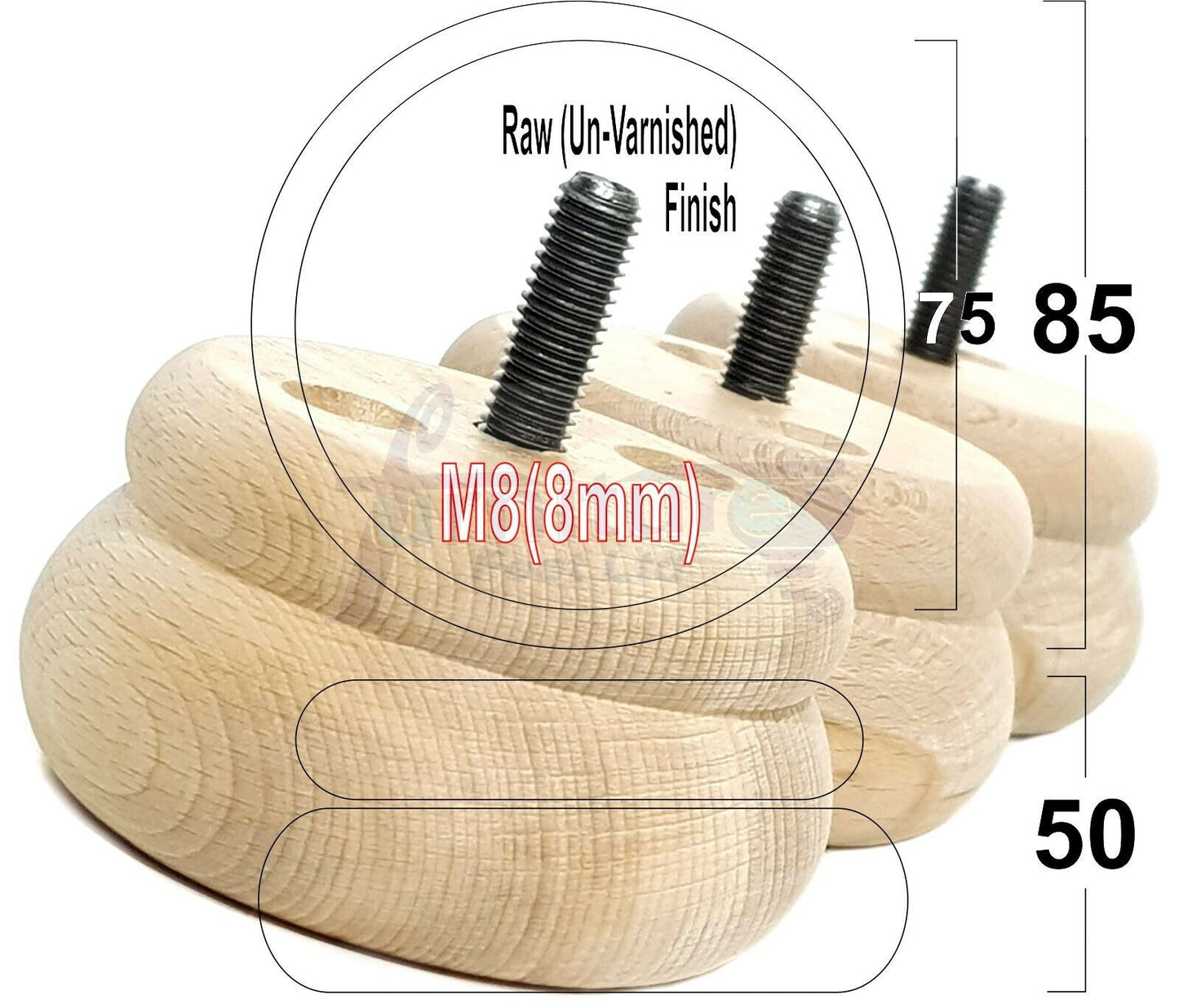 Set Of 4 Turned Wooden Furniture Legs Replacement Bun Feet 50mm High 8mm Thread