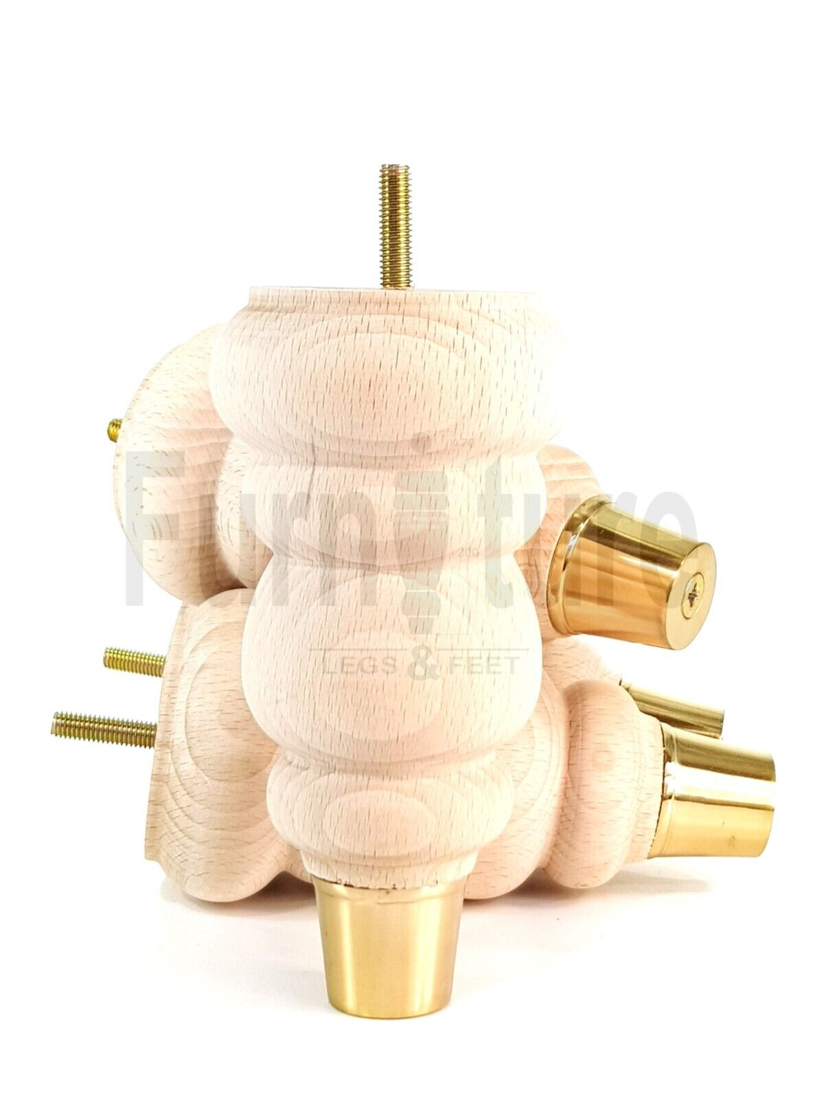 4x Turned M8 Wood Furniture Chair Sofa, Settee Legs Feet Brass Slipper Cup 160mm