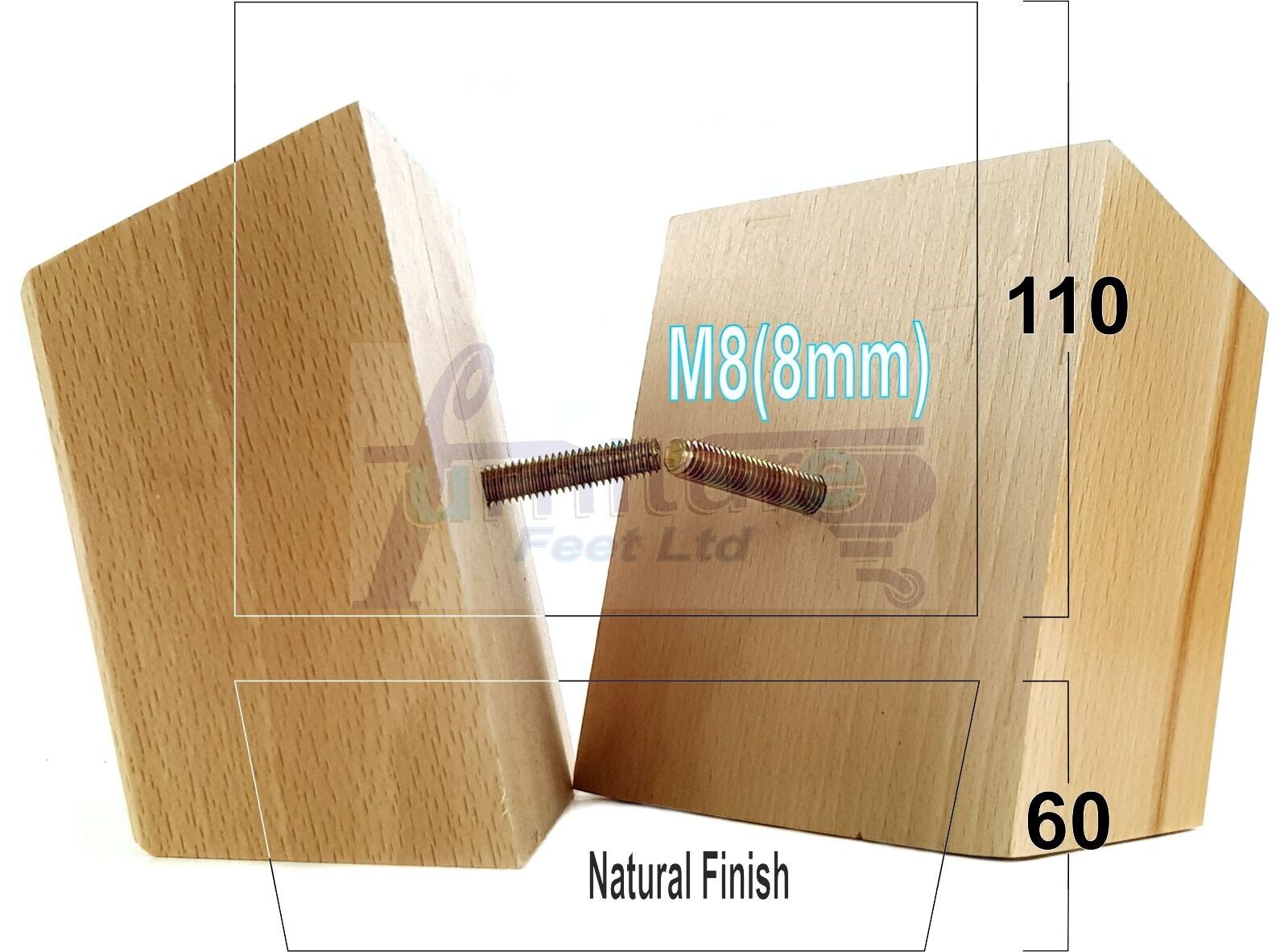 4x Square Wood Sofa Legs 60mm High Replacement Furniture Feet Chairs Cabinets M8