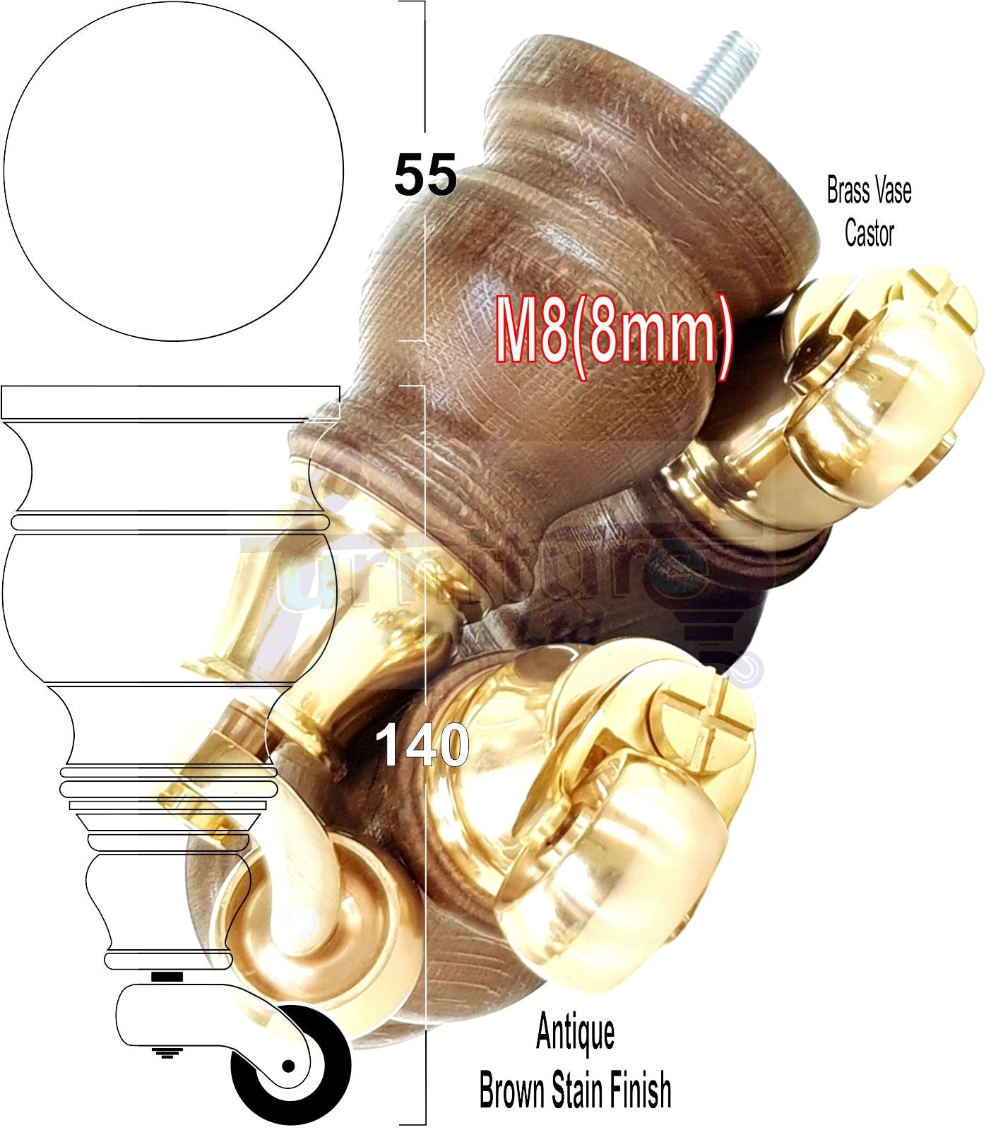 Set Of 4 Turned Wood Furniture Legs With 150mm High Castor 8mm Thread For Chairs Settees & Cabinets Antique Brown Stain
