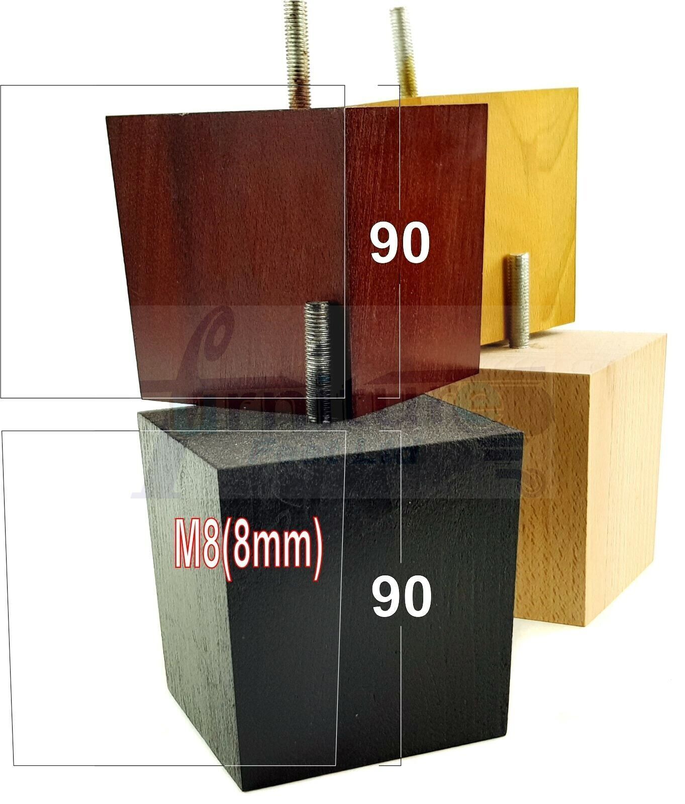 4x Solid Wood Square Feet Replacement Block Legs 90mm High Furniture Chairs Stools Sofa Beds Settee Cabinets 8mm Thread