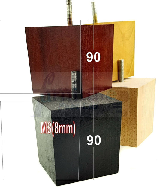 4x Solid Wood Square Feet Replacement Block Legs 90mm High Furniture Chairs Stools Sofa Beds Settee Cabinets 8mm Thread
