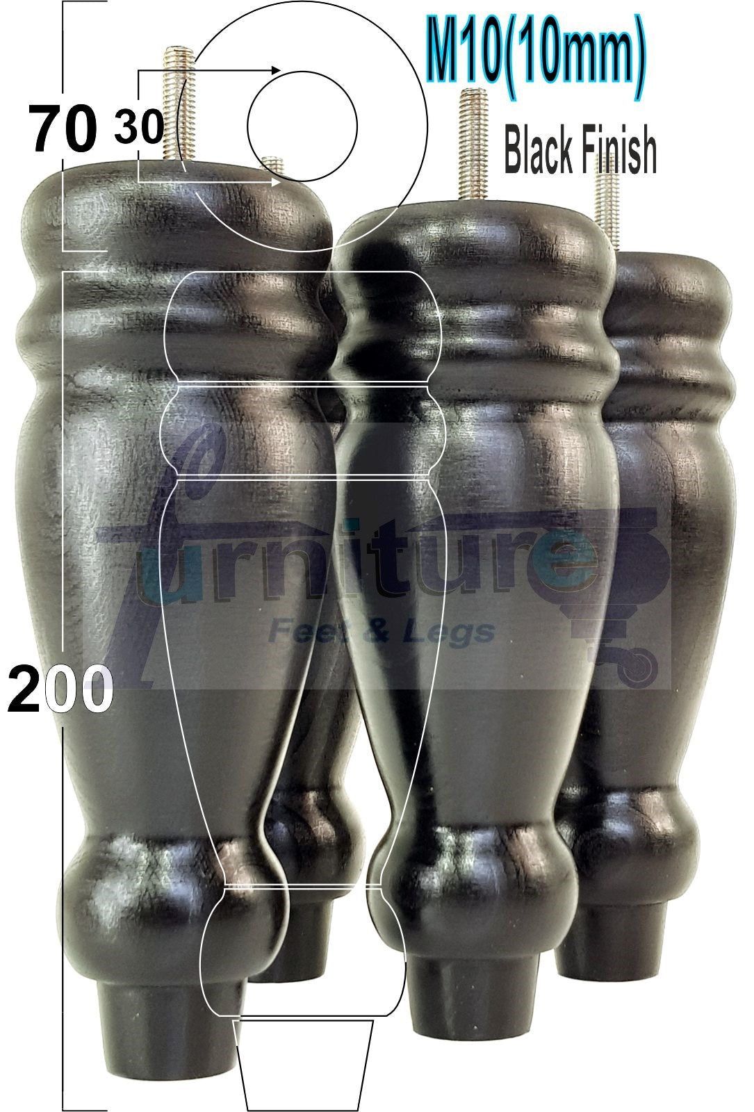Set Of 4 Turned Furniture Legs Replacement Sofa Feet 200mm Hight M10 Thread