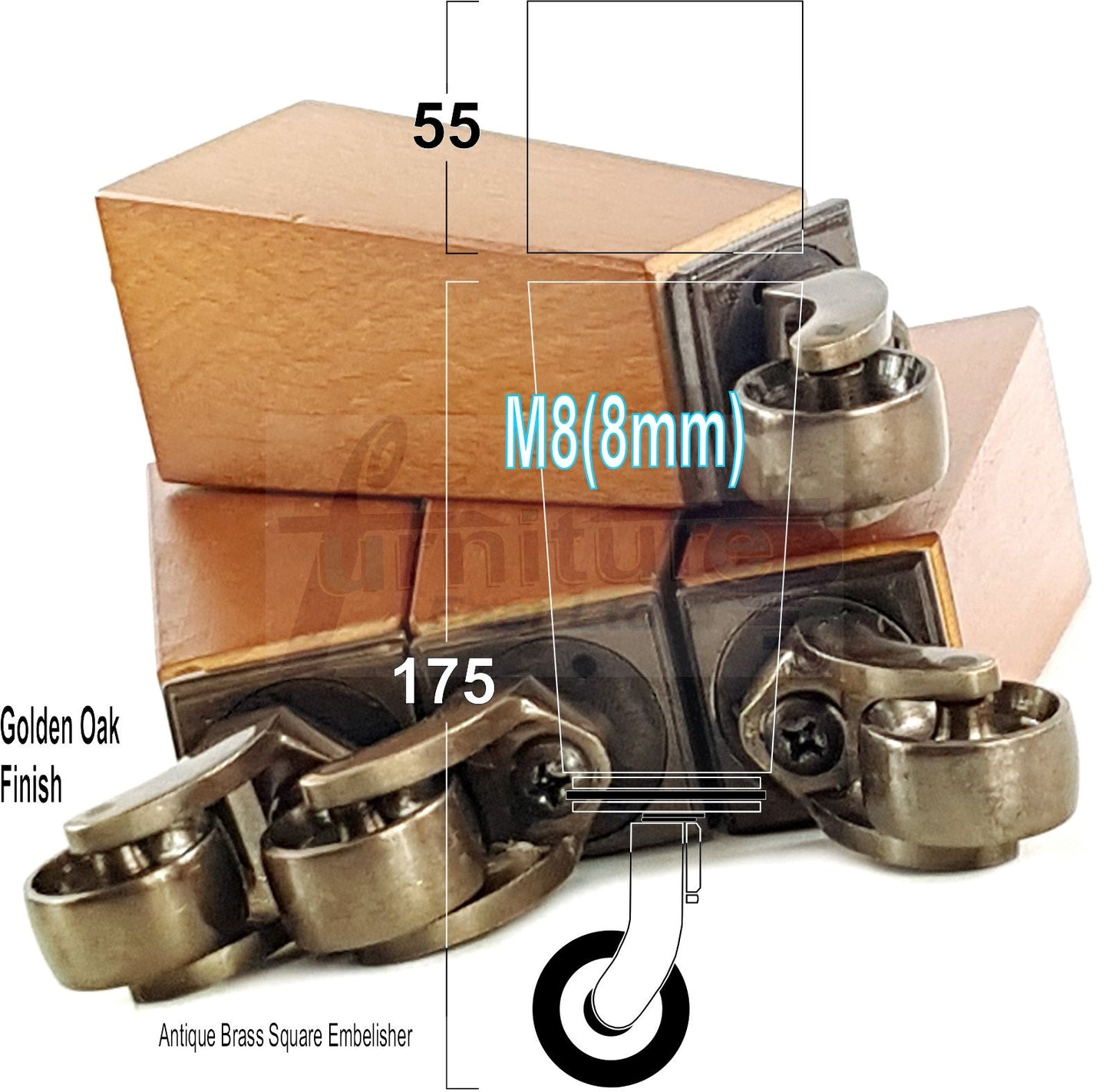 4x Solid Wood Furniture Legs Chair Sofa Bed Replacement Feet 175mm High With Antique Castors 8mm Thread