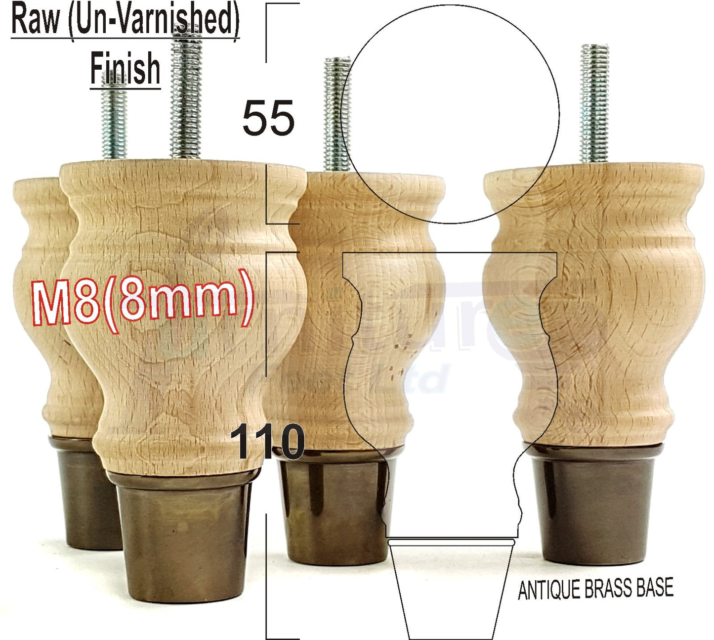 4x Turned Wood Furniture Feet With Slipper Cup M8 Chair Sofa Settee Legs 110mm