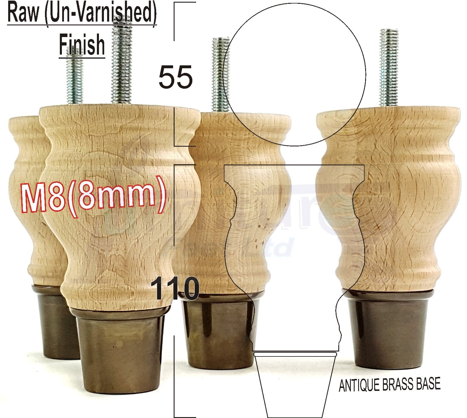 4x Turned Wood Furniture Feet With Slipper Cup M8 Chair Sofa Settee Legs 110mm