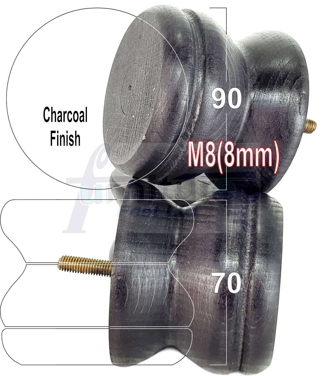 4x Turned Solid Wood Furniture Legs Replacement Bun Feet 70mm High 8mm Thread