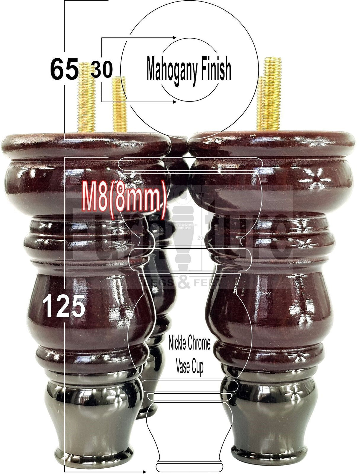 Turned Solid Beech Wood Furniture Legs and Slipper Cup Set of 4 Furniture Replacement Feet 125mm High 8mm Threaded Dowl Fixing