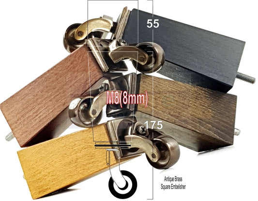 4x Solid Wood Furniture Legs Chair Sofa Bed Replacement Feet 175mm High With Antique Castors 8mm Thread