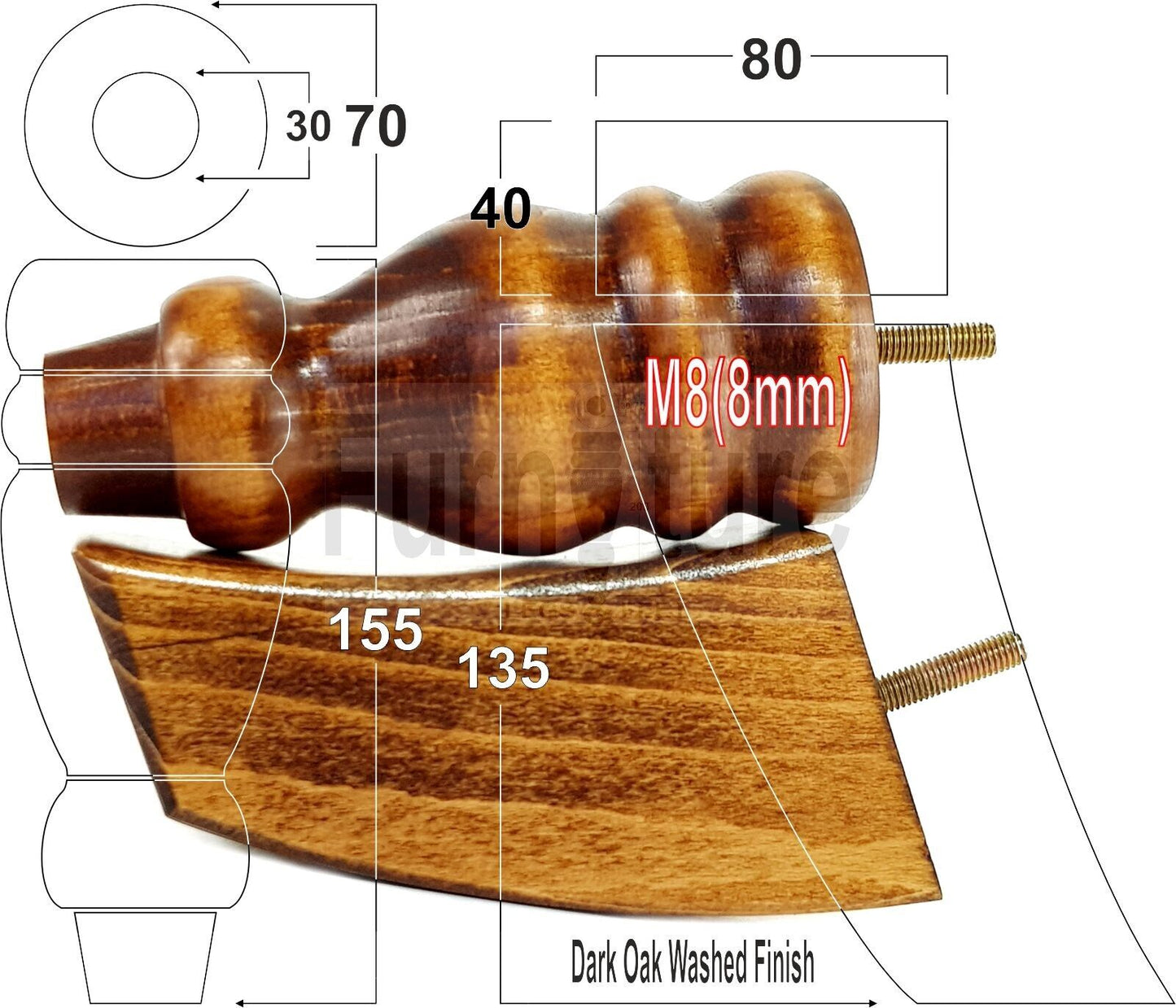 2x Turned Wood Furniture Feet 155mm and 2 Curved Back Legs Sofas Chairs Beds M8 Thread 6 Inches