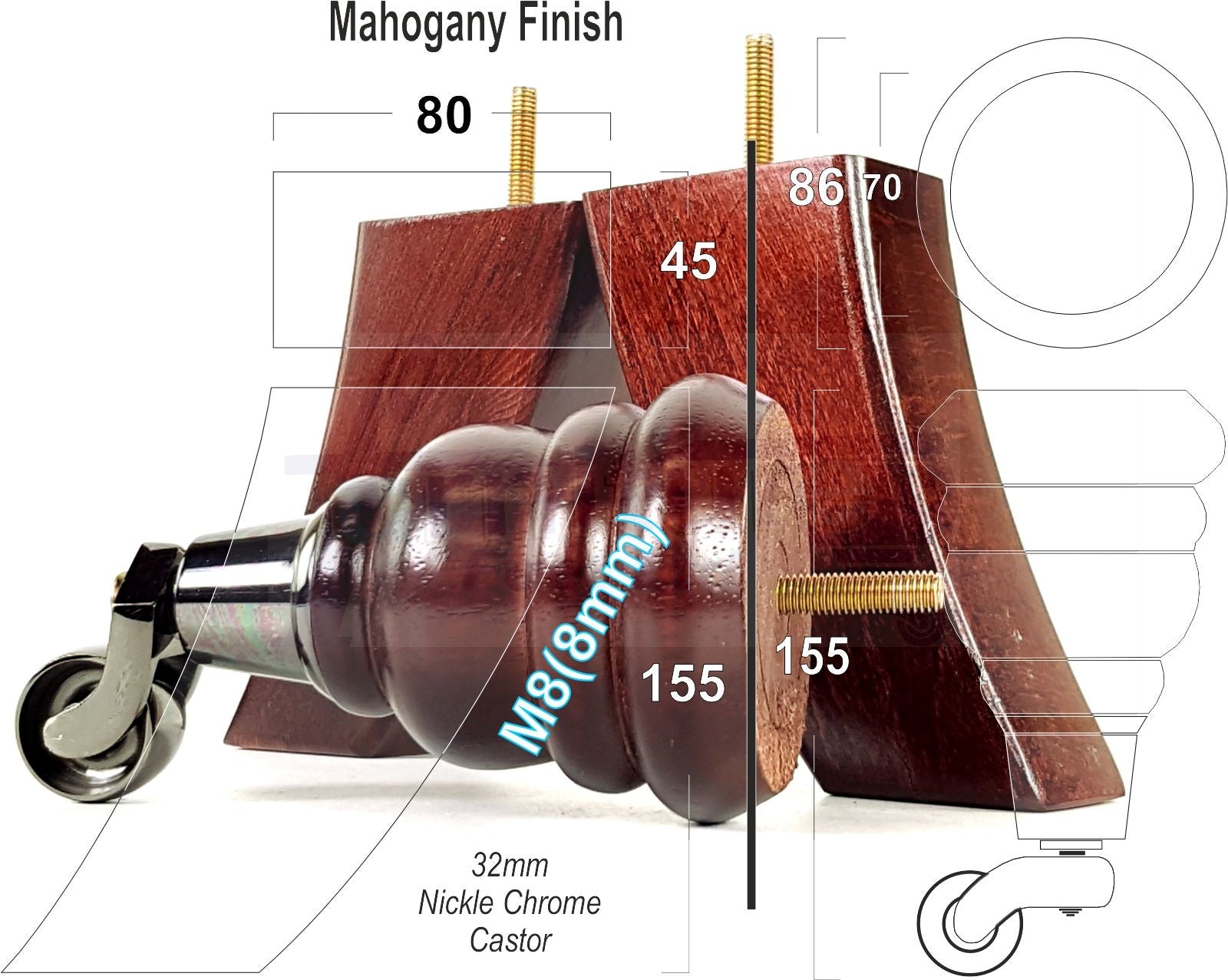 Mahogany Turned Wood Furniture Feet 2 With Castors 155mm and 2 Curved Back Legs Sofas Chairs Stools Cabinets Beds M8 6 Inches