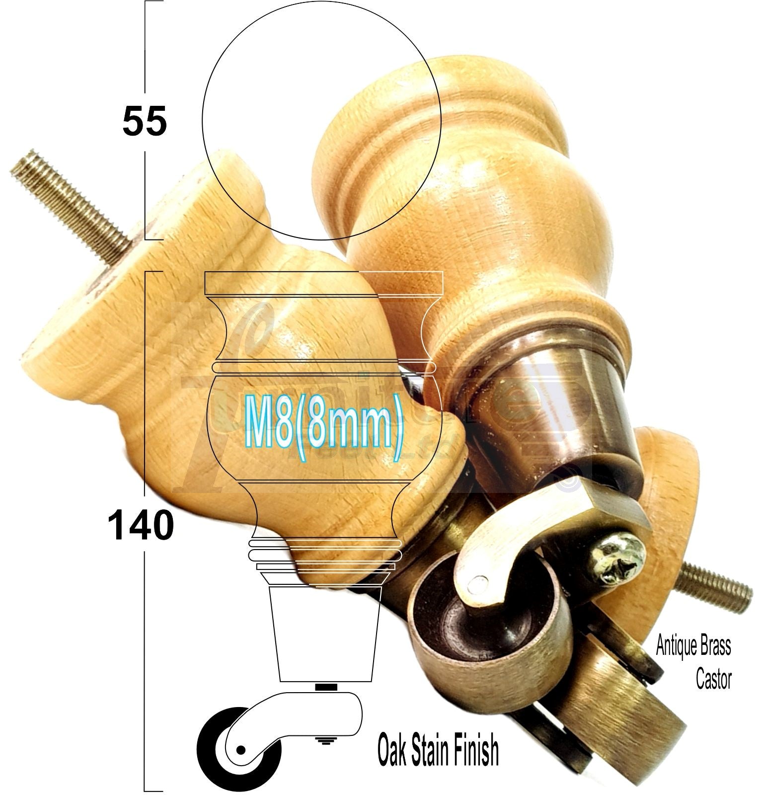 Set Of 4 Turned Wood Furniture Legs With 150mm High Castor 8mm Thread For Chairs Settees & Cabinets Oak Stain Finish