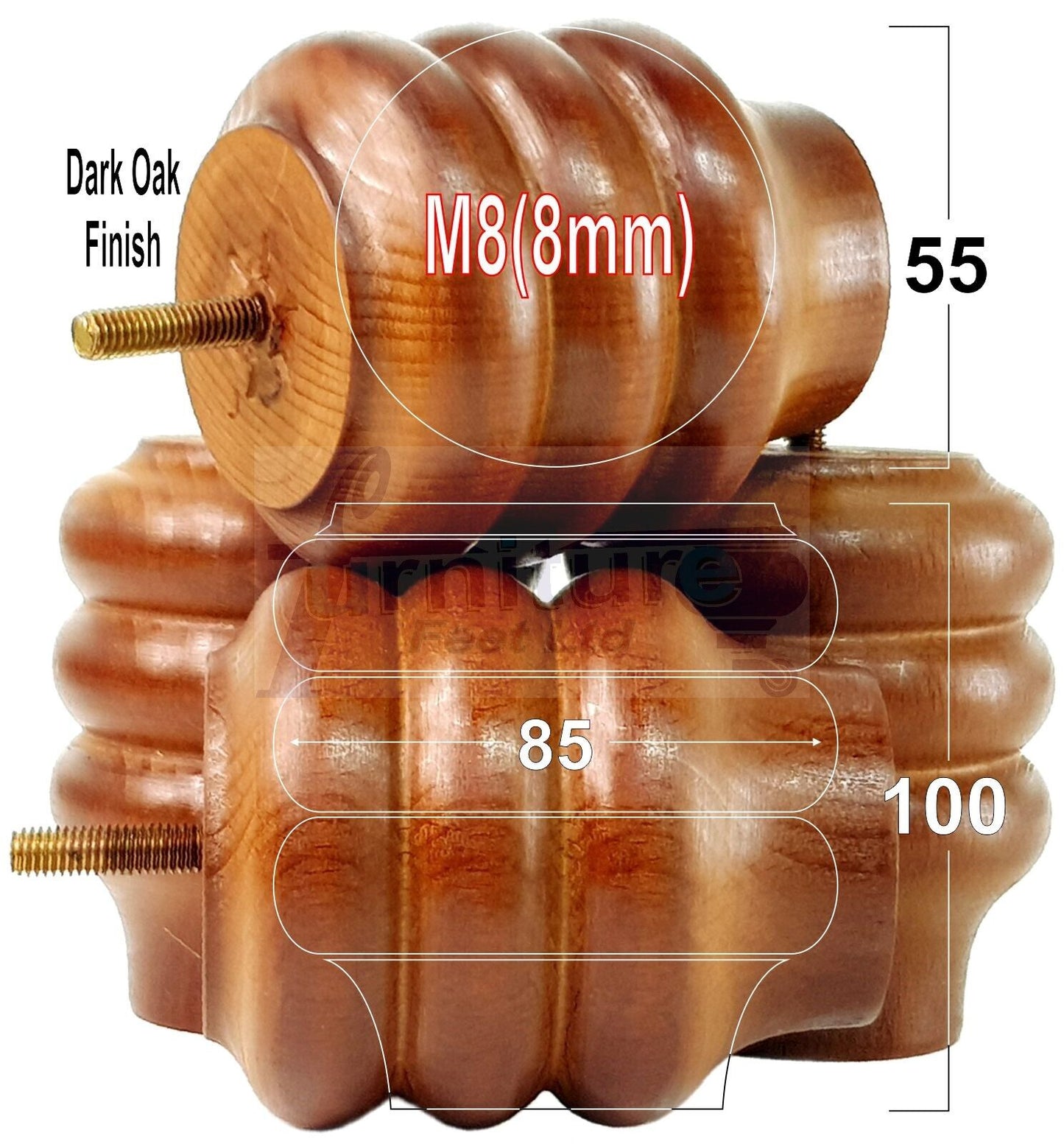 Set Of 4 Solid Wood Turned Furniture Legs Replacement Bun Feet 100mm High 8mm Thread