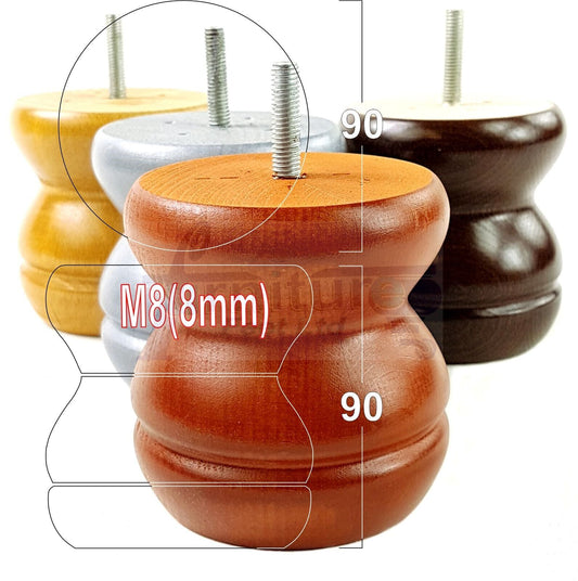 4x Turned Solid Wood Furniture Legs Replacement Bun Feet 90mm High 8mm Thread