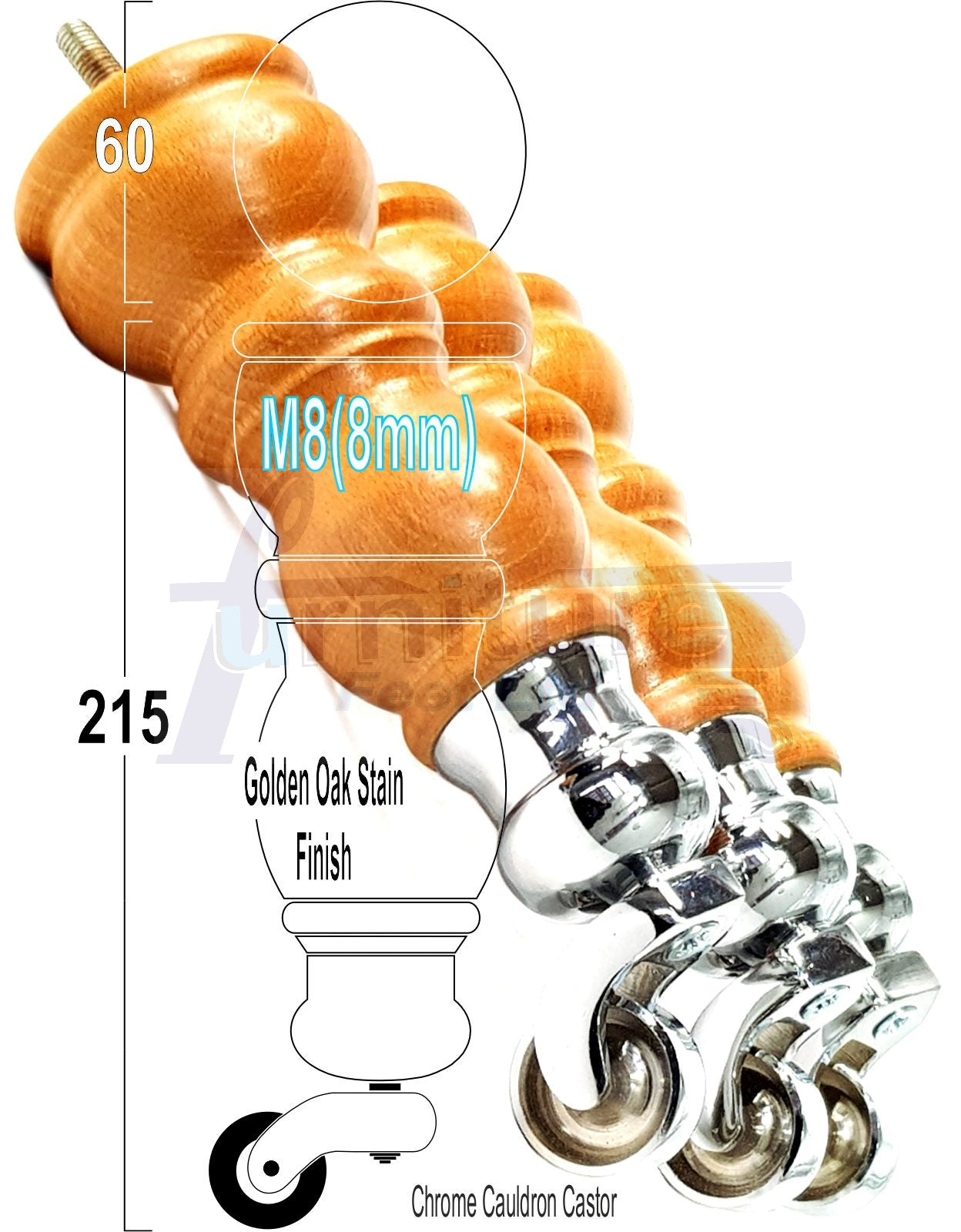 Solid Wood Furniture Feet With Castors Set of 4 Legs 205mm High For Sofas Chairs Stools Cabinets & Beds M8