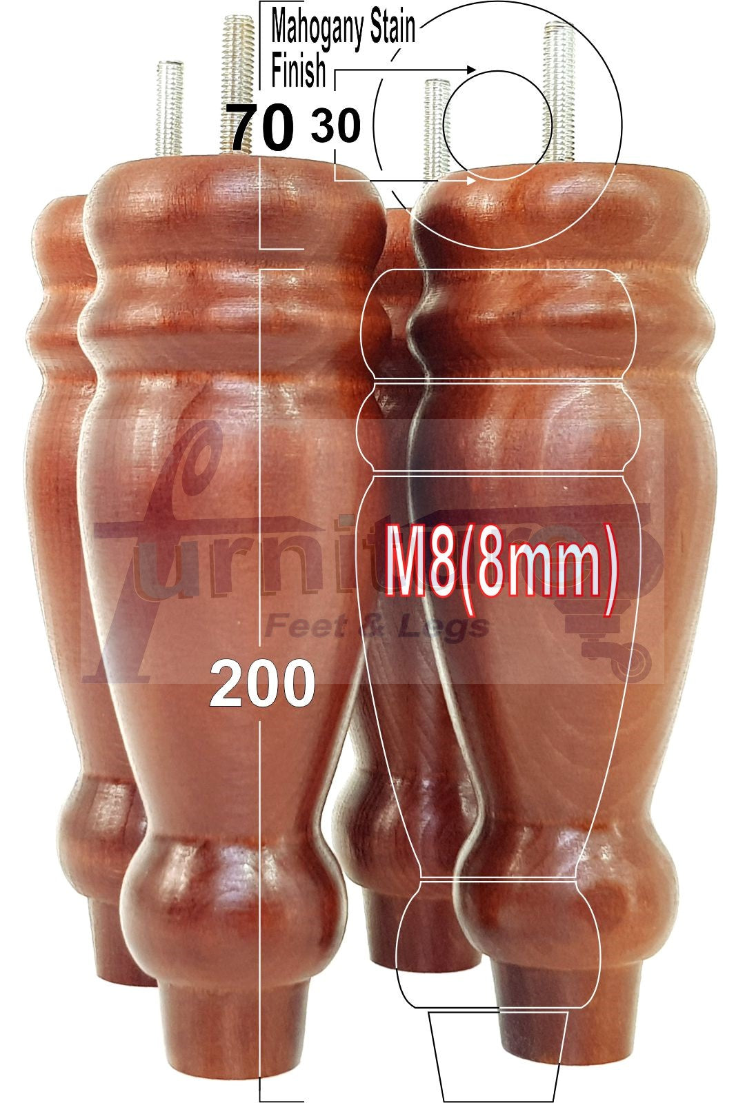 Set Of 4 Turned Furniture Legs Replacement Sofa Feet 200mm High M8 Thread