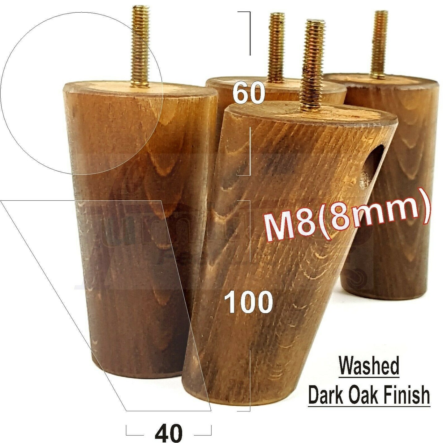 4 Solid Wood Turned Furniture Feet Replacement Mid Centry Angled Retro Legs 100mm High M8 Sofa Chairs Stools Cabinets Beds