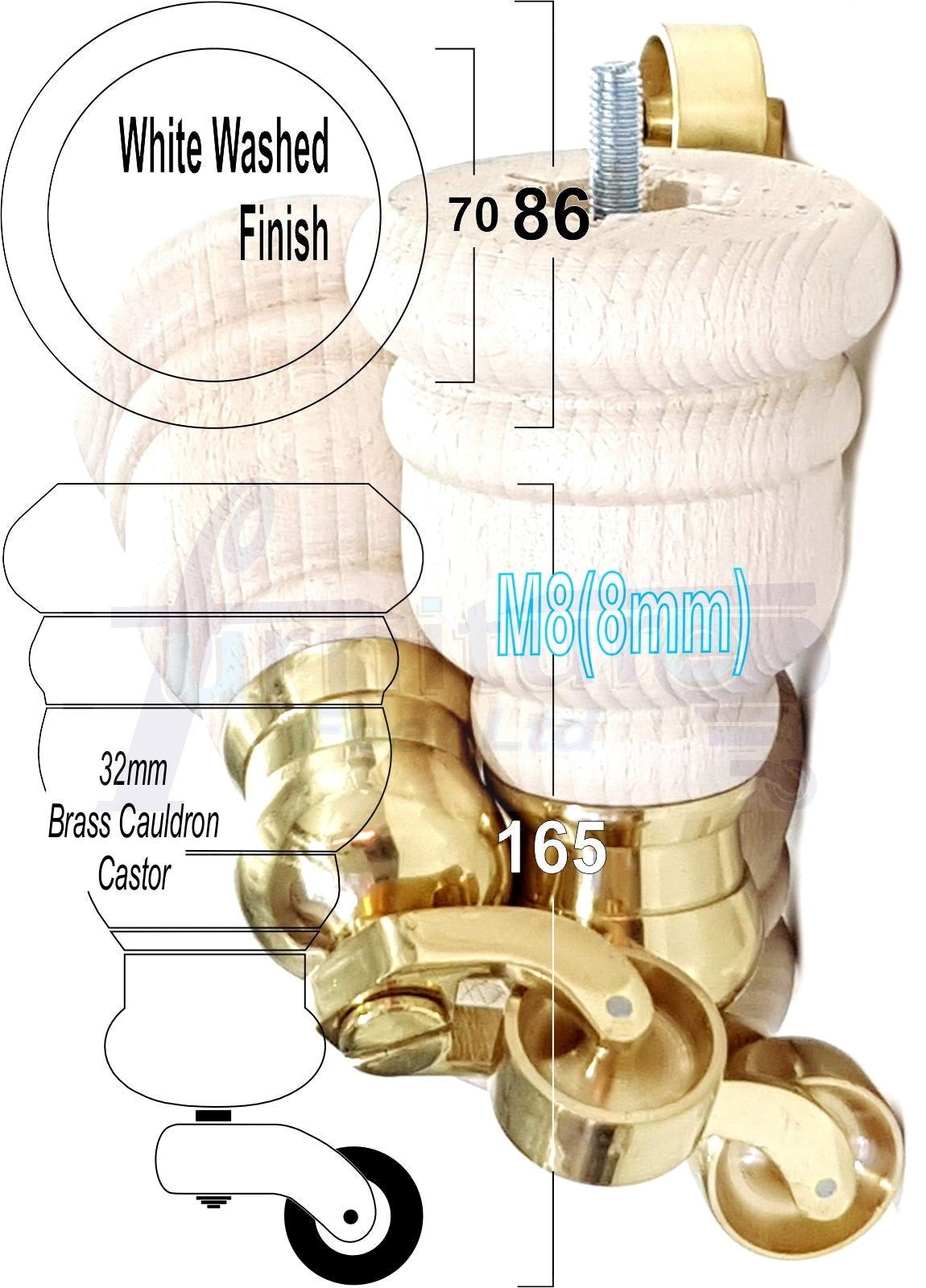 4 Turned Wood Furniture Feet With Brass Cauldron Castors 160mm Legs Sofas Chairs Stools Cabinets Beds M8 6 Inches