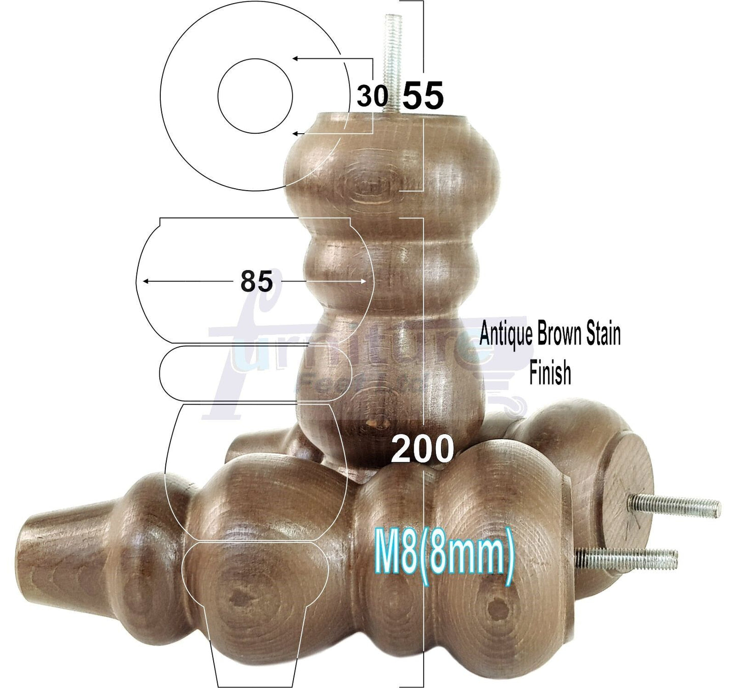 Solid Wood Furniture Feet Replacement Turned Legs 200mm High Chairs Stools Sofa's Beds Settee Cabinets M8 Various Colours Set of 4